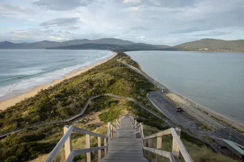 Breathtaking image of Bruny Island Neck, An isthmus of land connecting north and south Bruny Island. Taken from the top of a path.