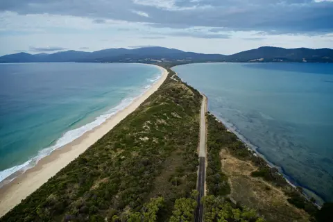Bruny Island Accommodation | Aerial view of The Neck, Bruny Island