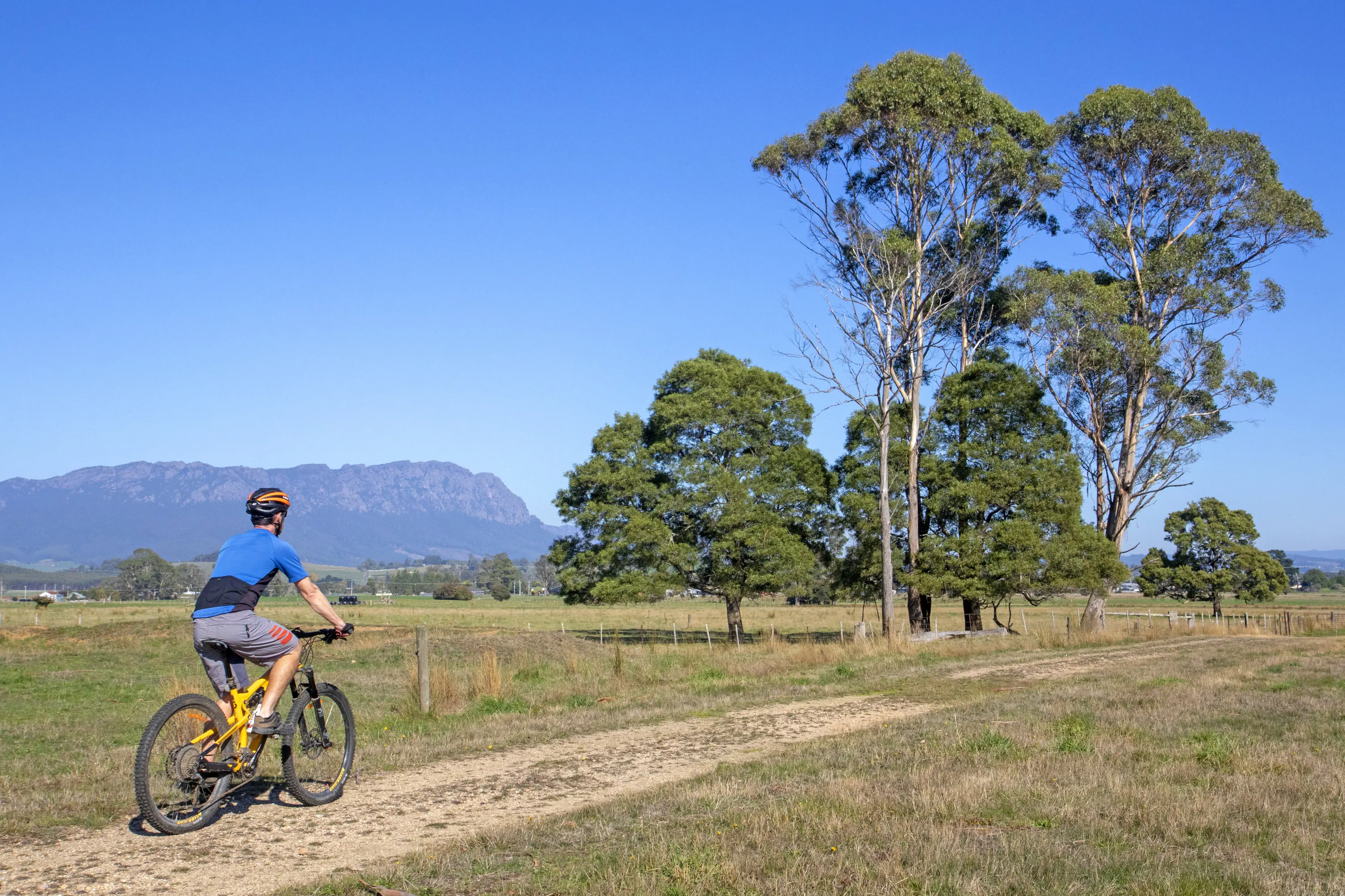 "Person riding bike in the bottom left corner of image surrounded by incredible scenery on the Railton to Sheffield Rail Trail. "