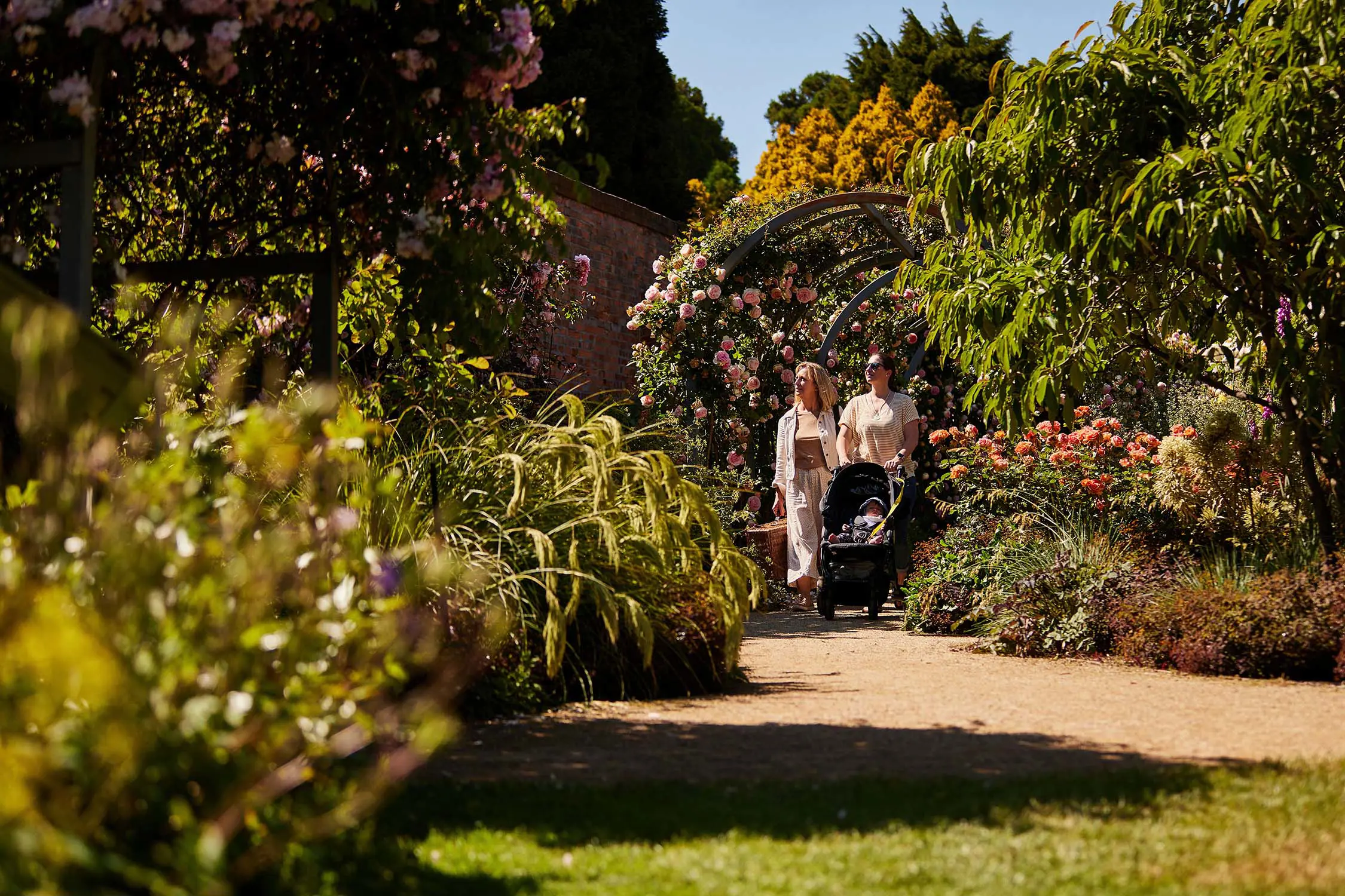 Two women, one pushing a pram, walk along a pathway through beautifully manicured and lush Botanic Gardens.