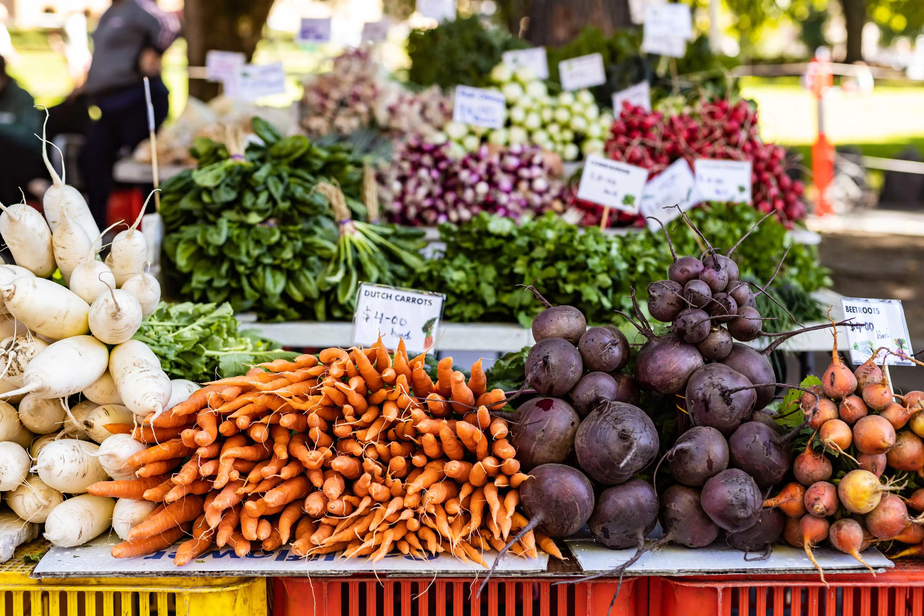 Carrots, beetroots, spinach, Japanese radish, rhubarb and other leafy vegetables are placed on makeshift tables made from upside-down plastic crates.