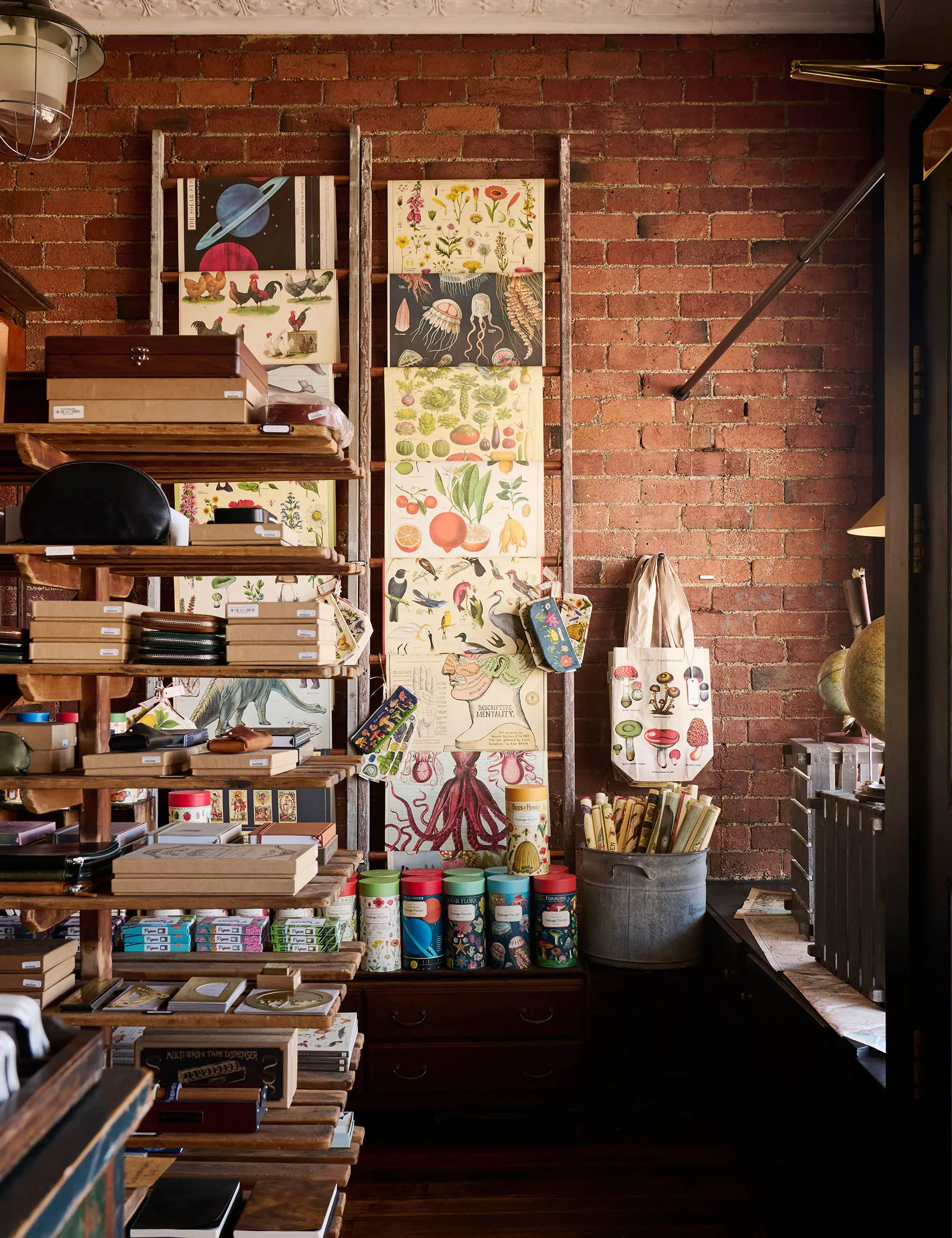 The interior of a boutique stationery store, featuring prints hanging from repurposed ladders, and shelves full of notebooks.