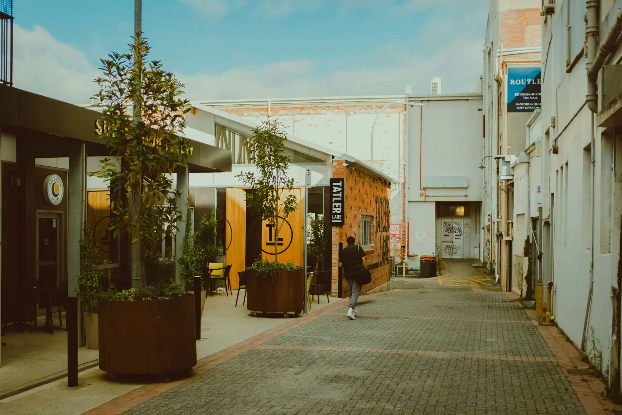 The painted orange exterior of a coffee shop, tucked away amid other buildings in a small laneway decorated with large potted trees. The sign reads "Tatler Lane".