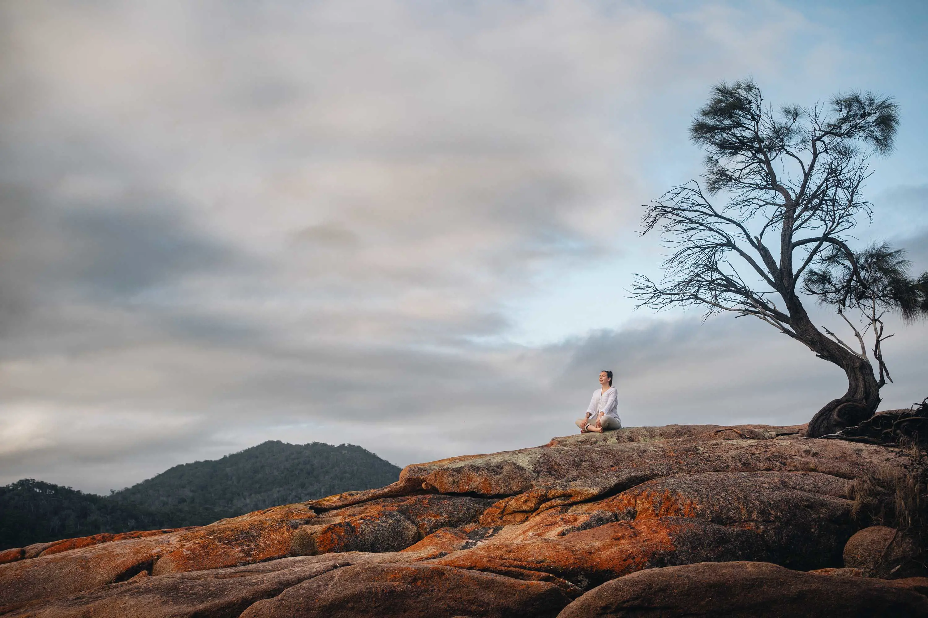 A woman wearing a white shirt sits on top of a large orange rock with a tree in the background.