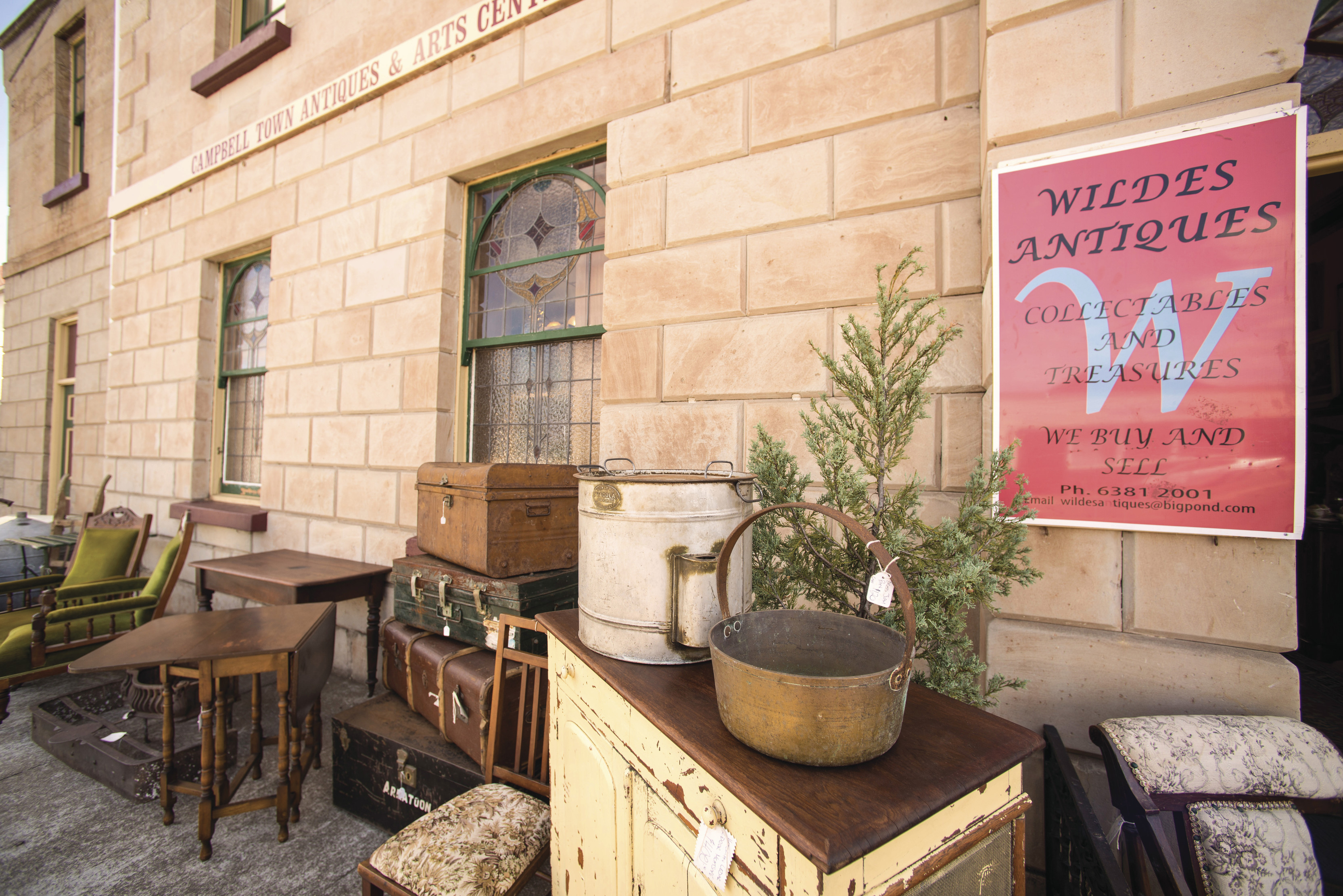 Items for sale outside Wildes Antiques, Campbell Town