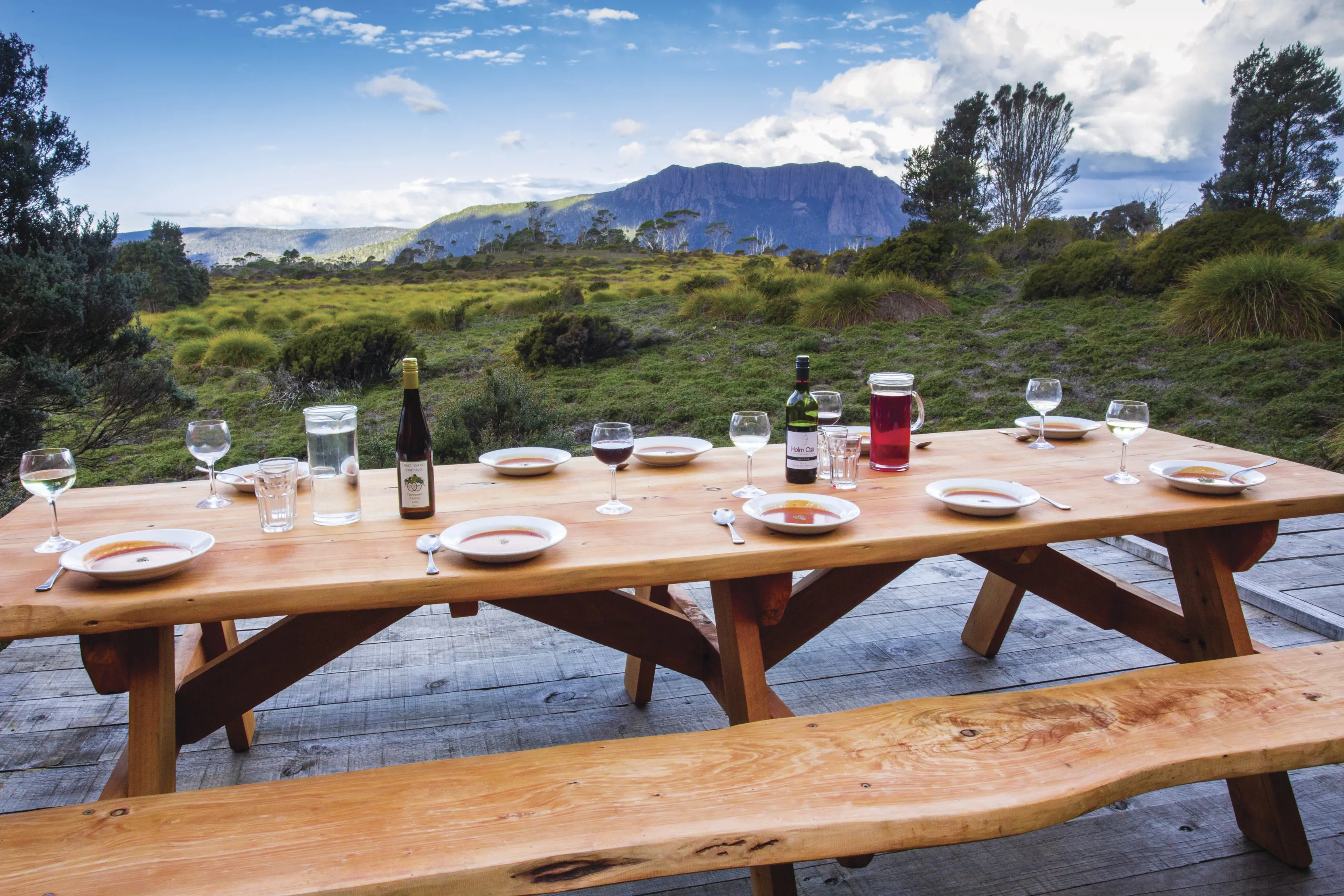 Refreshments on a bench outside on tthe Cradle Mountain Huts Walk