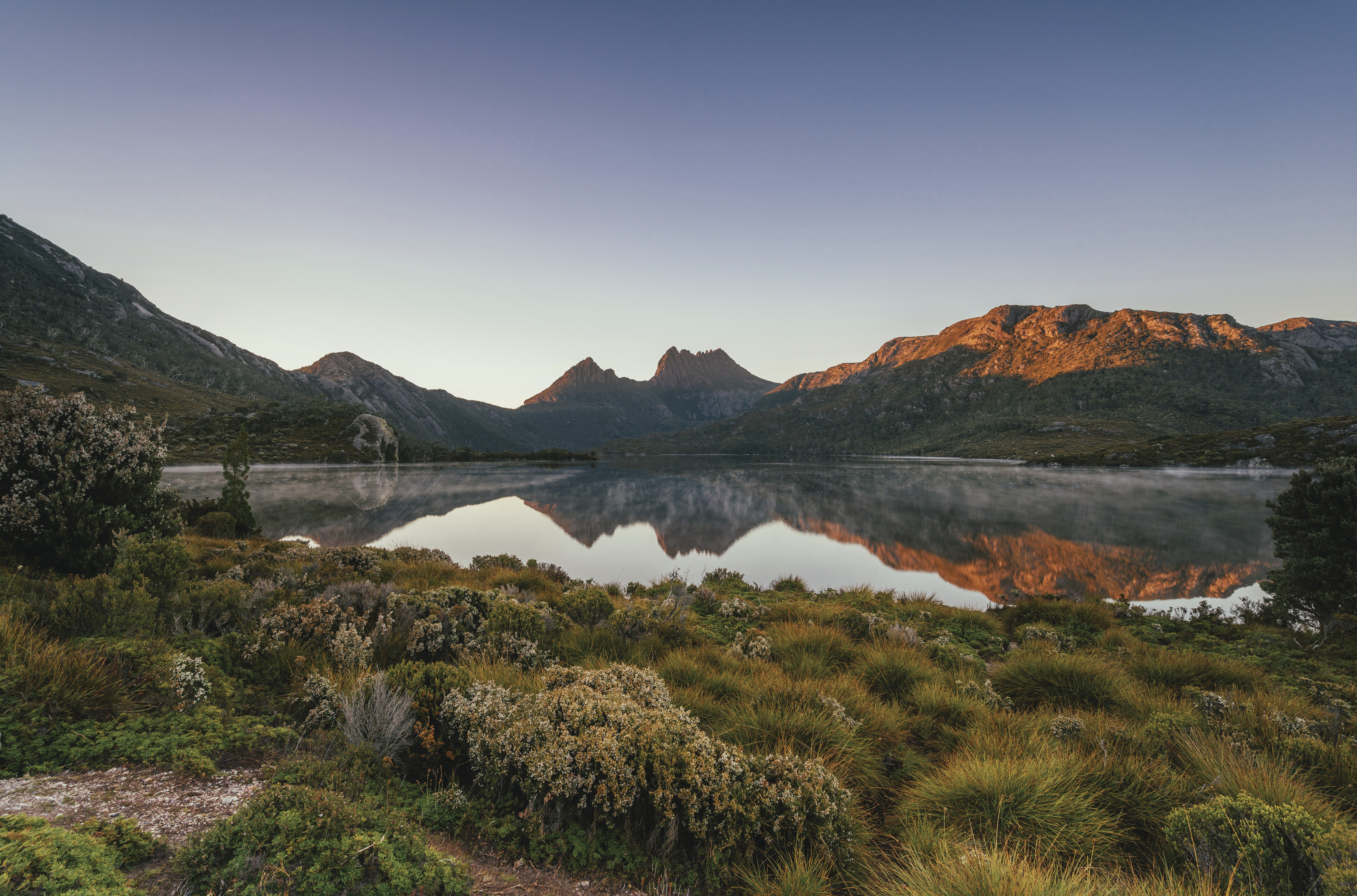 View of Cradle Mountain across the glassy Dove Lake