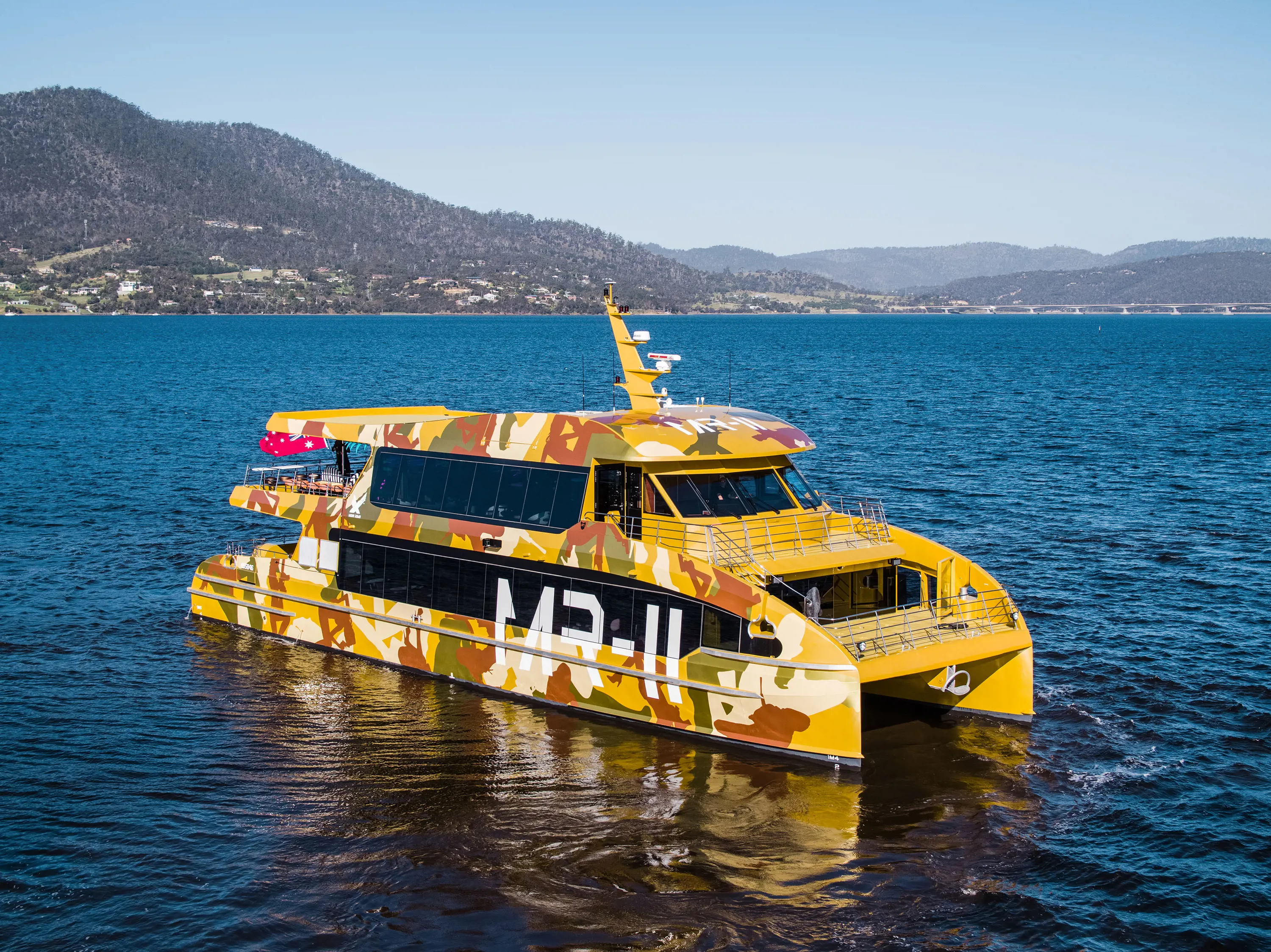 A yellow and brown camouflaged patterned catamaran cruiser on calm waters.
