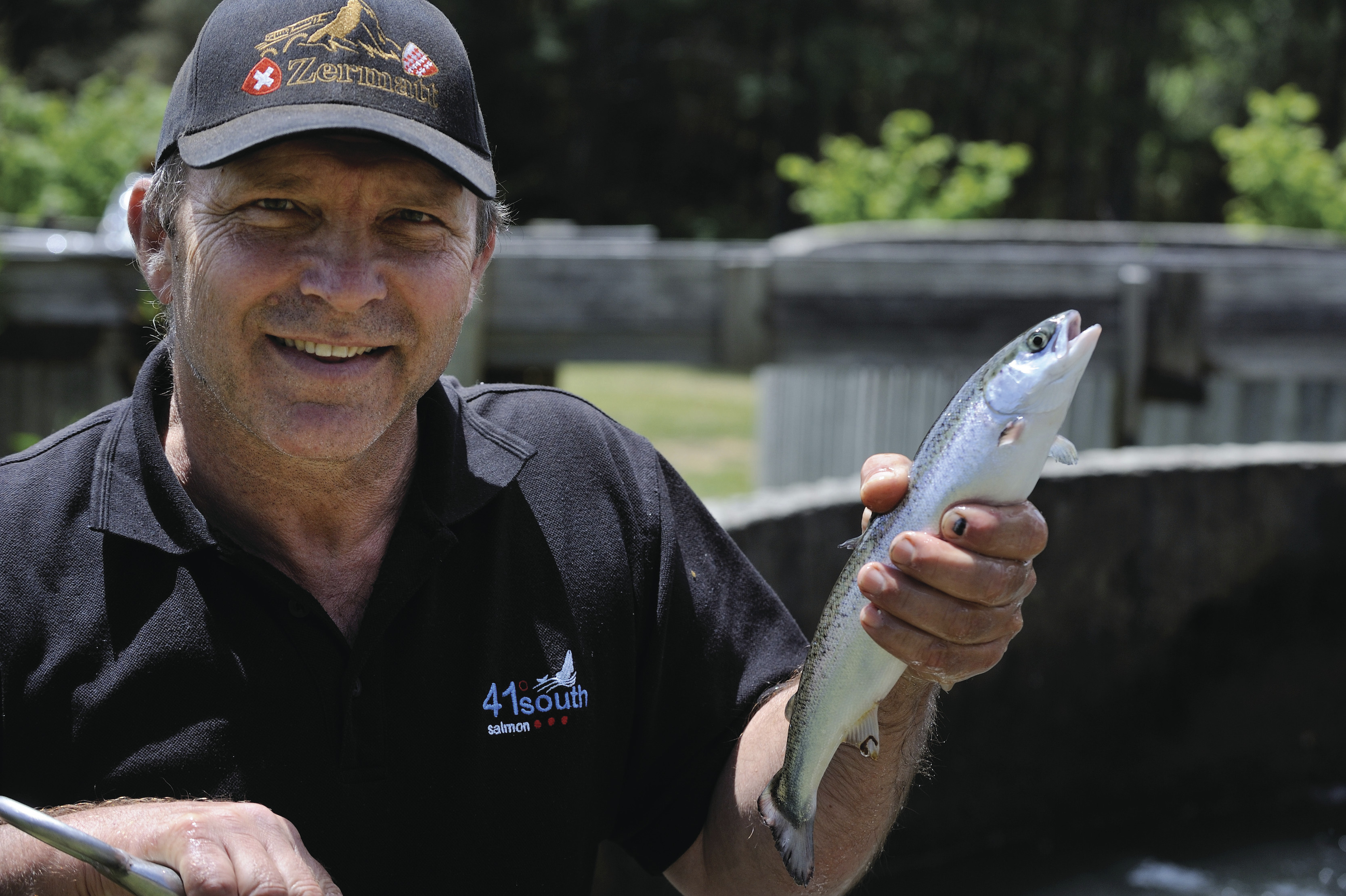 A man holding a fish at Ziggy Pyka at 41 Degrees South Salmon and Ginseng Farm.