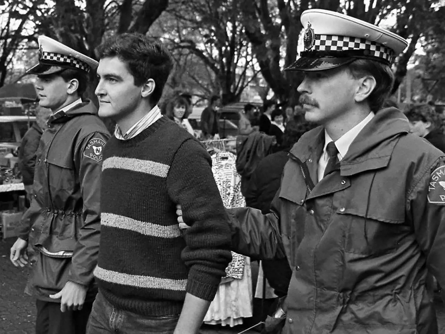 Rodney Croome being arrested in defence of the gay law reform at Salamanca Market in 1988.