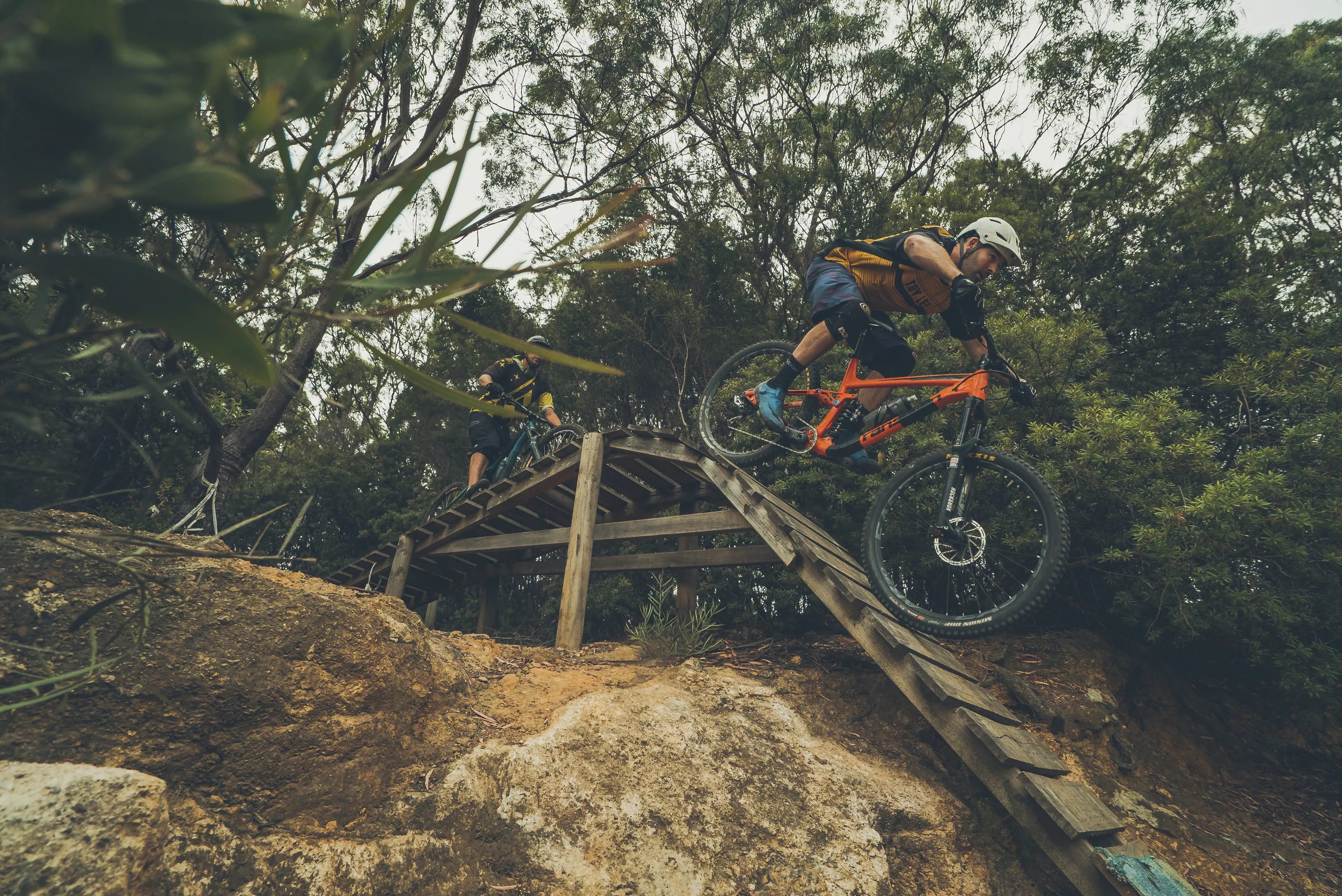 Cyclist riding down a steep wooden track at Penguin Mountain Bike Park