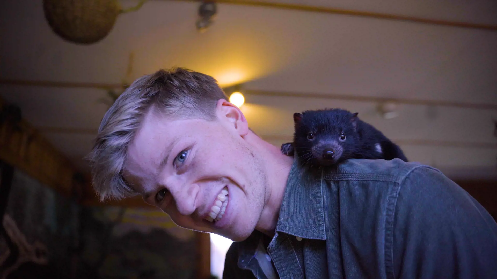Robert Irwin with a Tasmanian devil joey on his shoulder