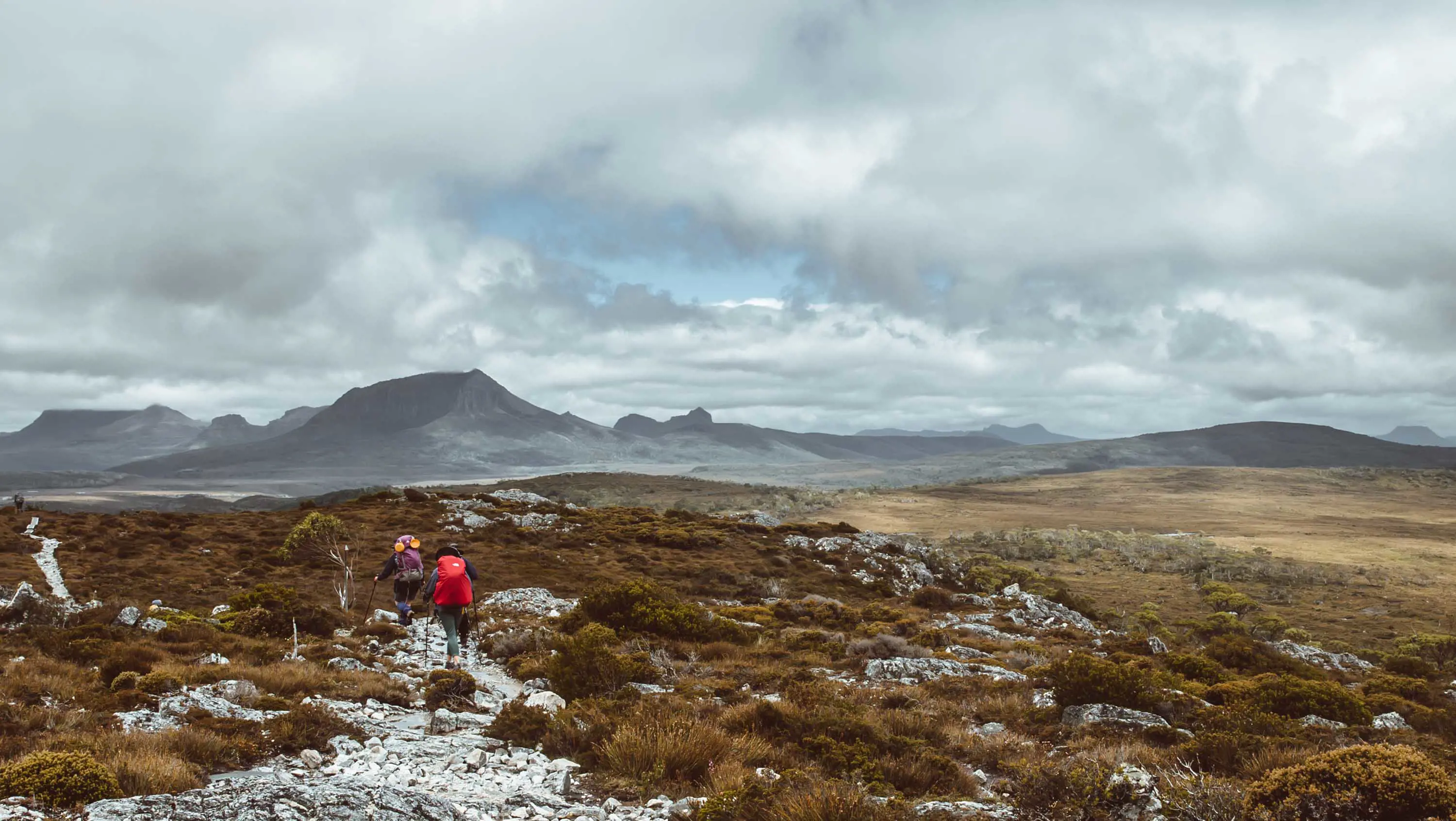 A coupe wearing winter apparel and carrying hiking packs walk along a stony path towards snow capped peaks in the distance on the Overland Track.