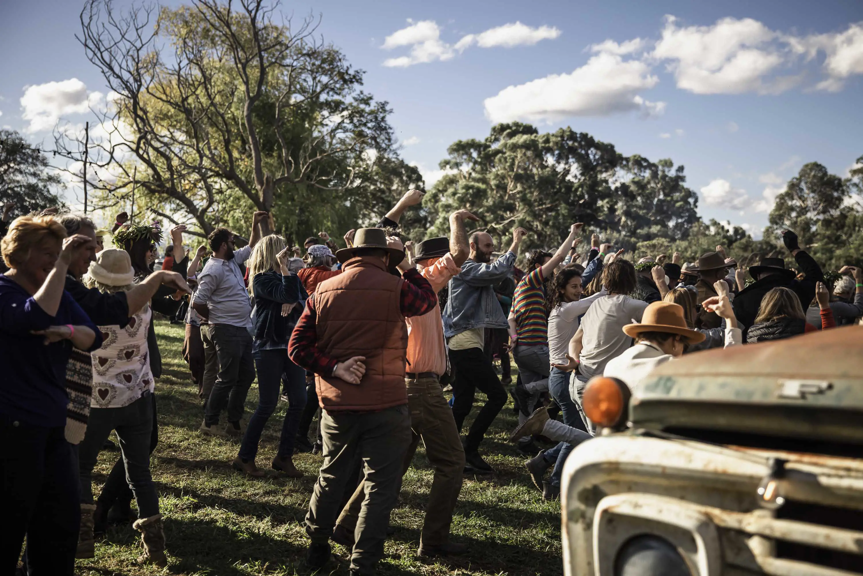 A group of people dance in a green paddock beneath trees on a clear, sunny day.