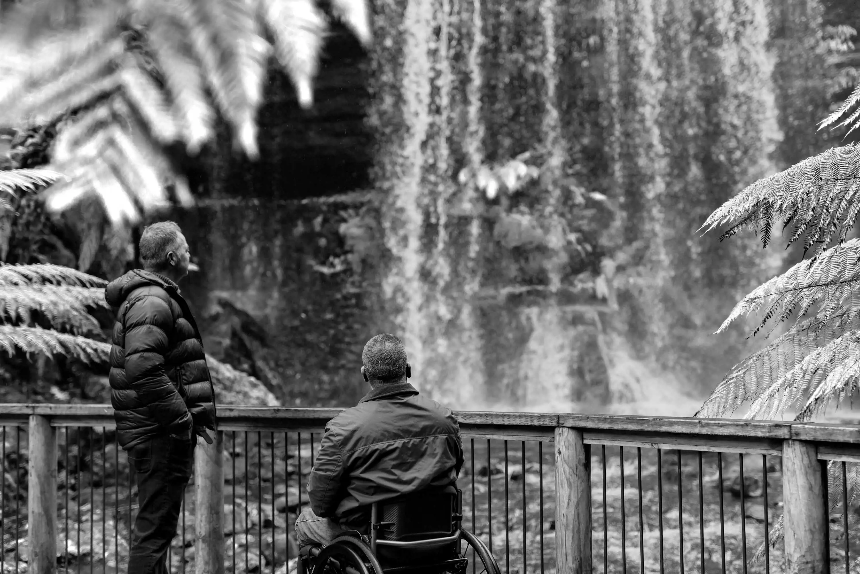 A man in a jacket and another man in a wheelchair stop near a handrail in front of a waterfall to observe.