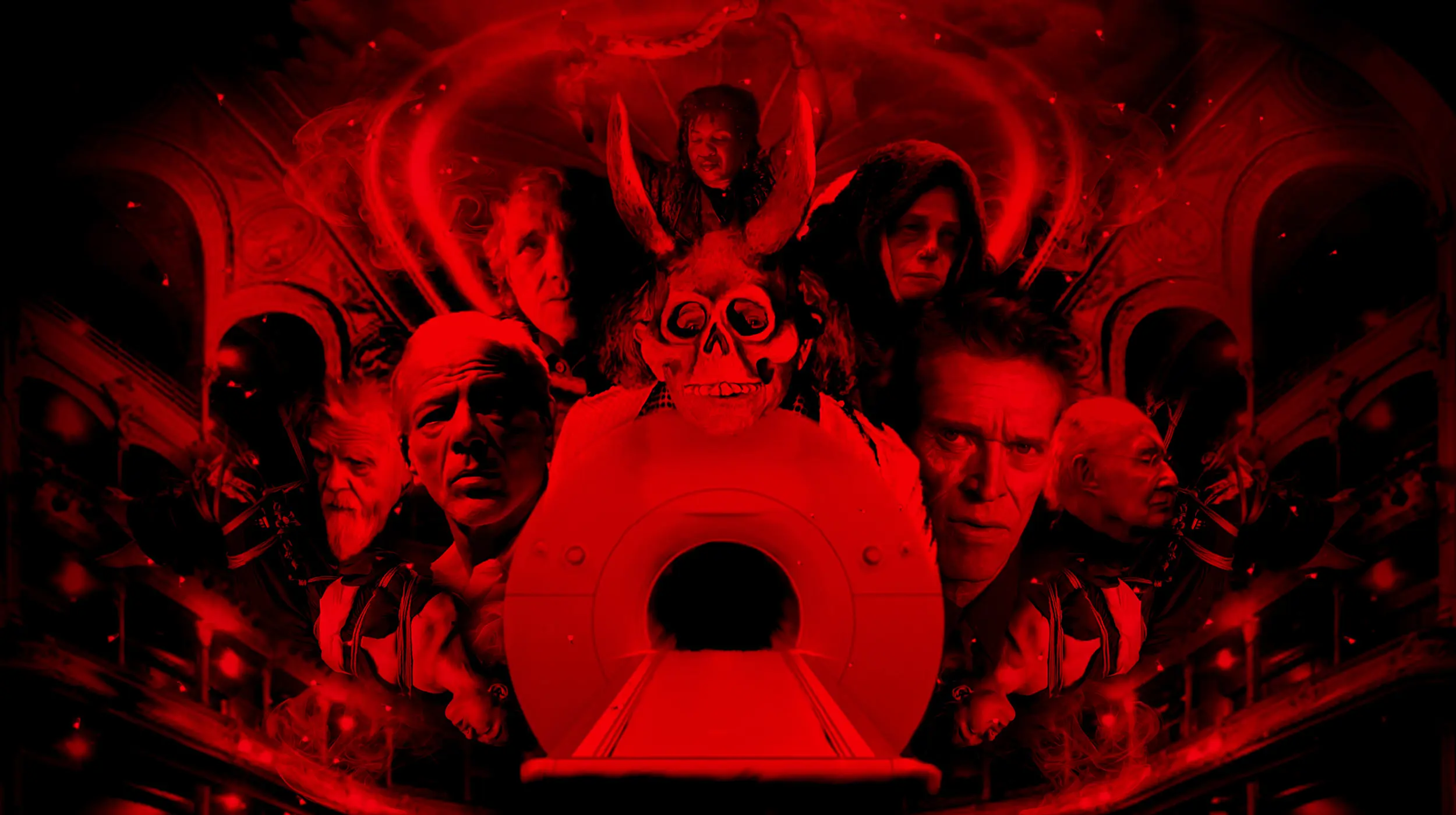 An old, movie-poster style image of disembodied heads, floating around a central machine. The whole image is deep red and black.