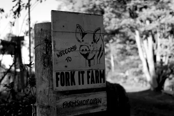 A hand painted, wooden sign that reads Welcome to Fork it Farm is attached to a large fence post.