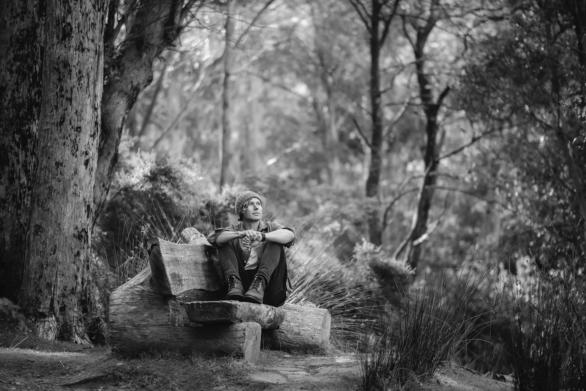 A man sits on a rustic bench fashioned from fallen logs, gazing out at the forest around him.