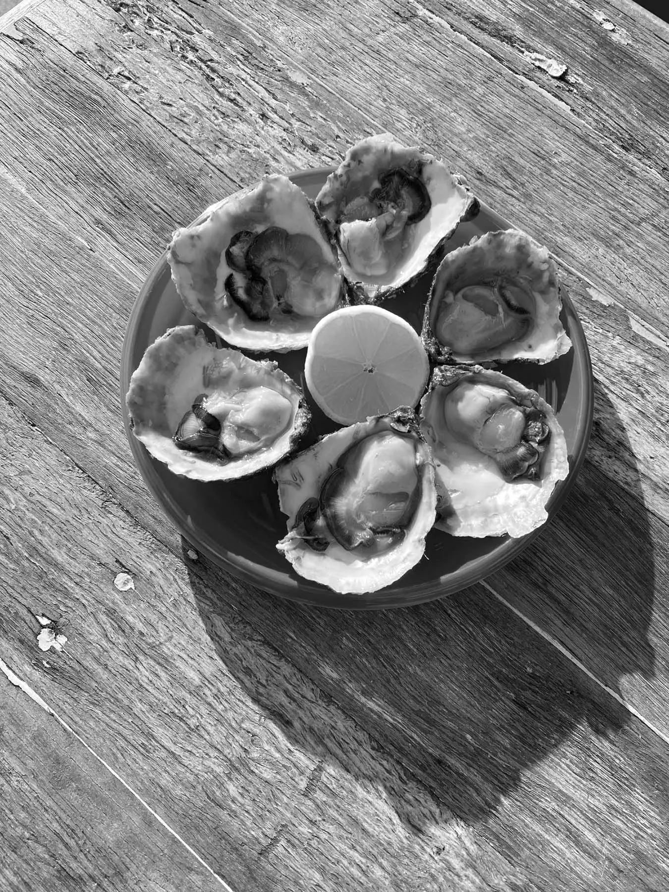 A black and white overhead photograph shows six fresh oysters arranged in a circle on a round plate with a lemon wedge in the center. The plate sits on weathered timber boards.