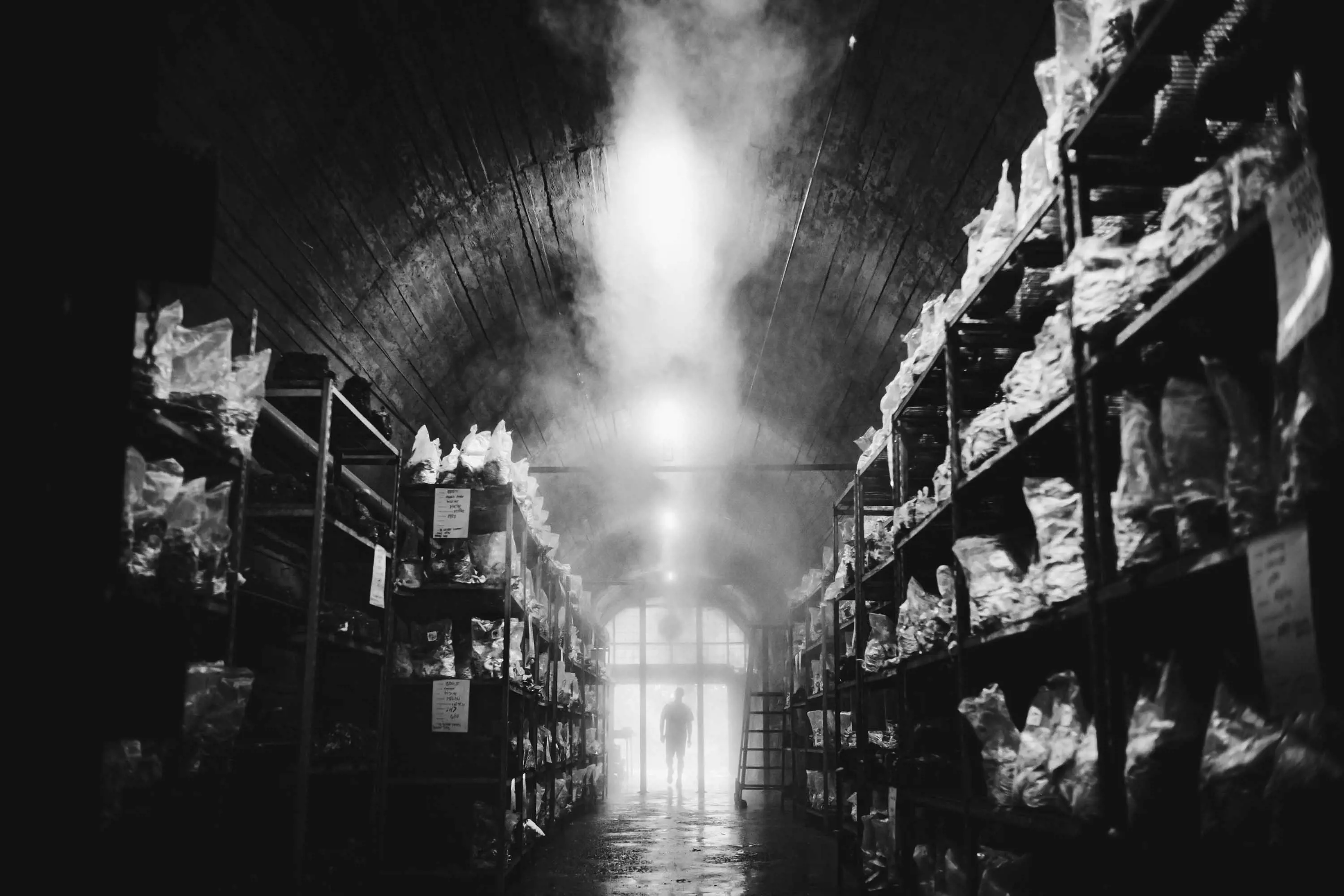 A long, dark tunnel filled with steam is illuminated by the sunlight from outside. Racks of mushrooms are arranged on the walls and a man's silhouette can be seen at the entrance.