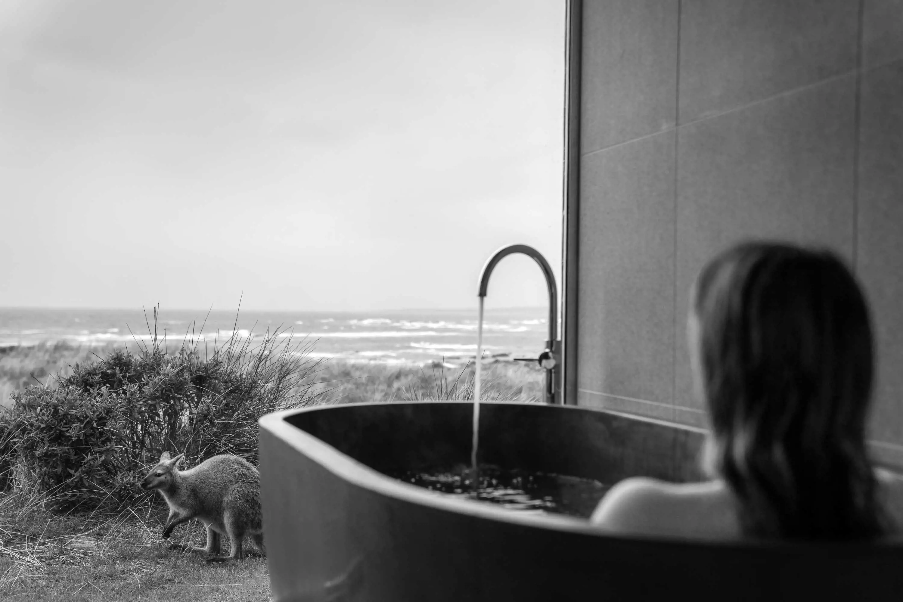 A woman reclines in a large outdoor bath and looks out over a beach in the distance, while a small kangaroo sits nearby.
