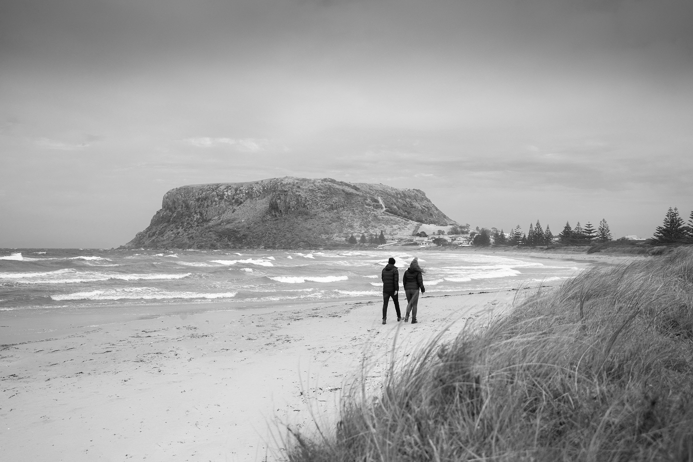 Two people in beanies and gloves are walking along a wintry, choppy beach. In the background, a large, flat-topped hill stands starkly in the horizon.
