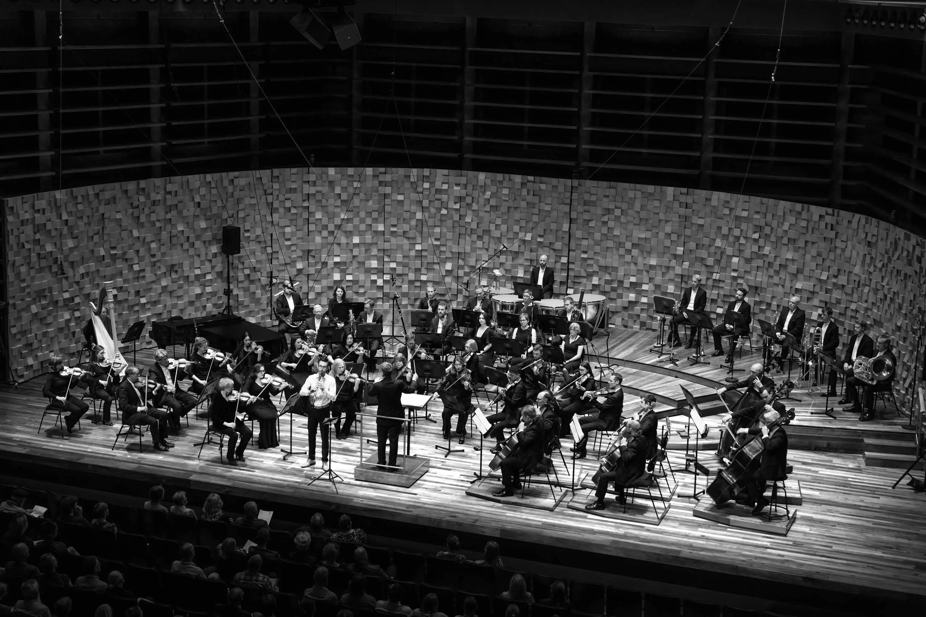A large orchestra, seated on a semi-circle shaped stage plays in front of a large audience inside an auditorium.