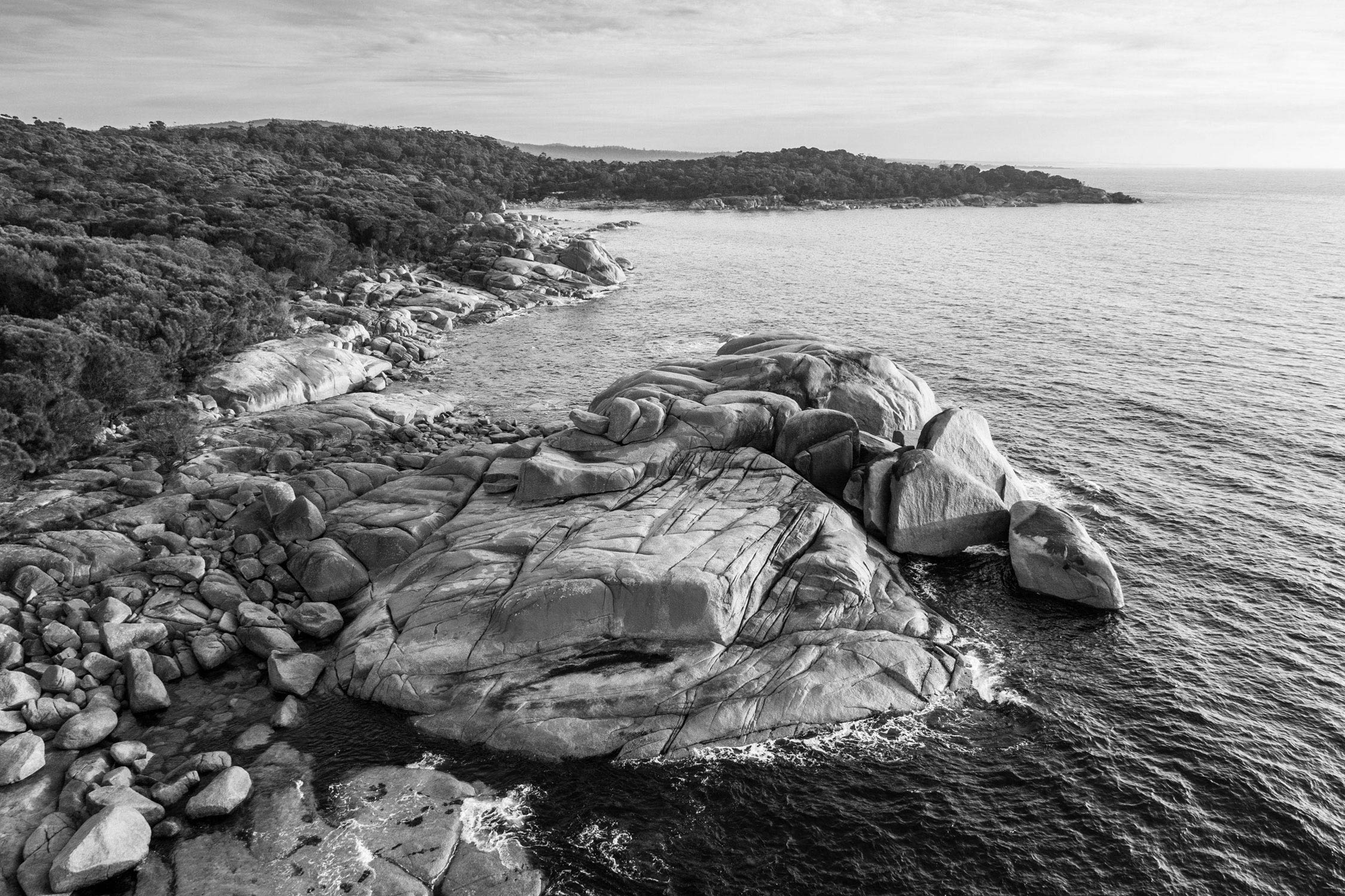 Aerial view of a rocky coastline with forested hills and calm ocean waters.