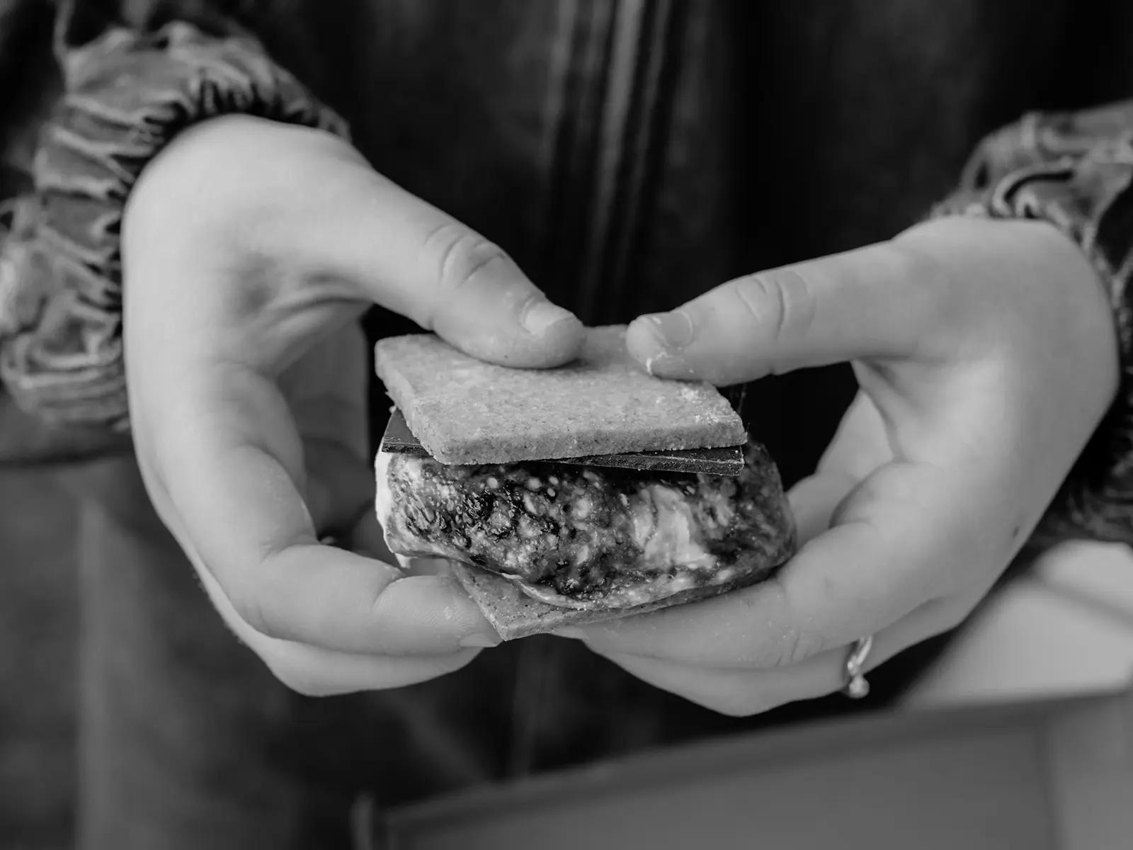 A person's hands hold out a freshly toasted smore, with marshmallow and chocolate oozing from between the biscuits.