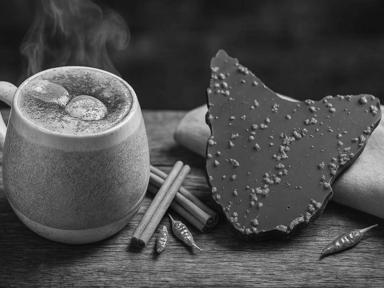 A mug of hot chocolate sits on a wooden table next to a large piece of chocolate shaped like Tasmania.