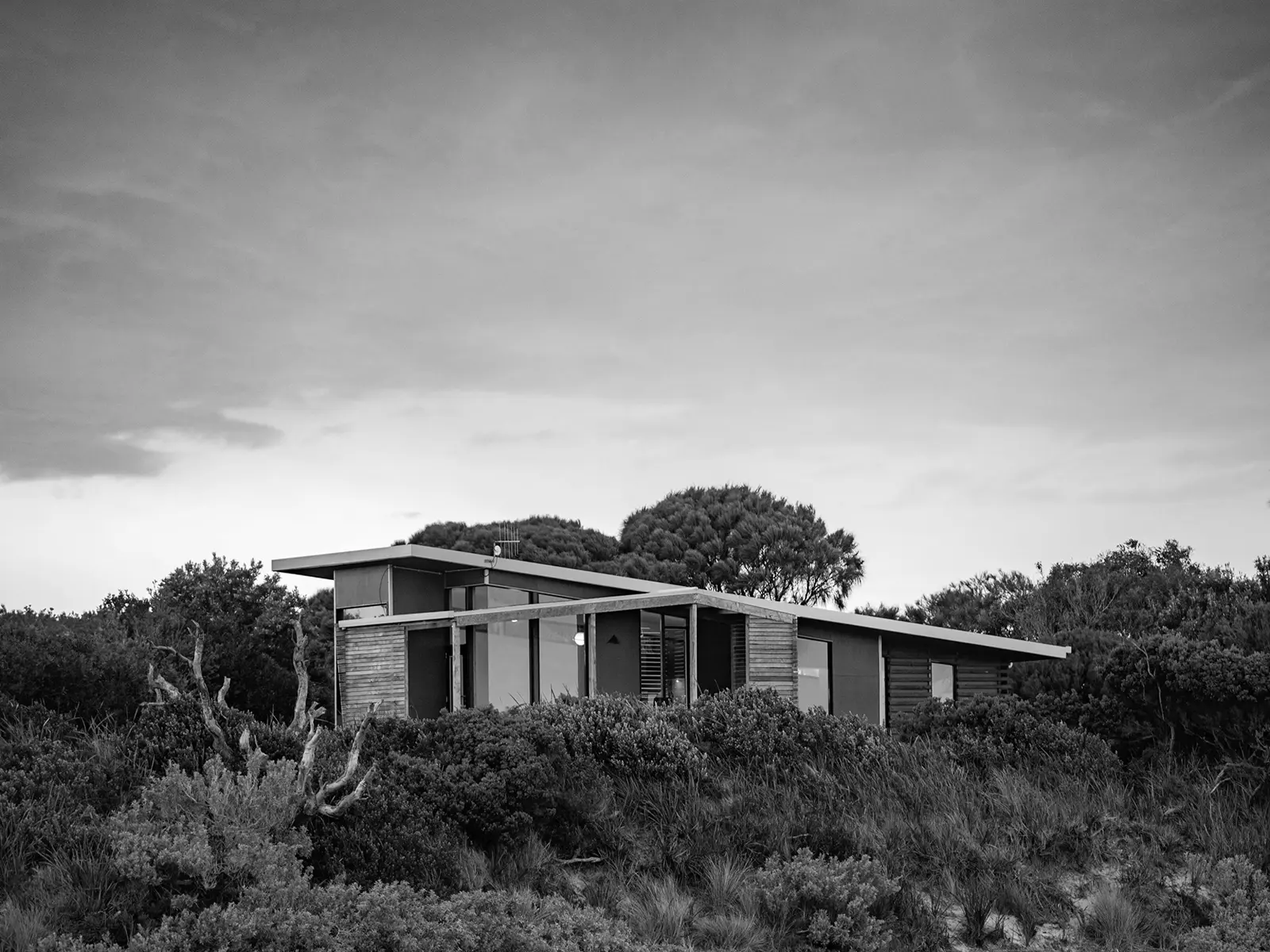 Black and white image of a small beachside cottage with an angular roof and wide windows. The house sits nestled in scrub and bushes of sand dunes.