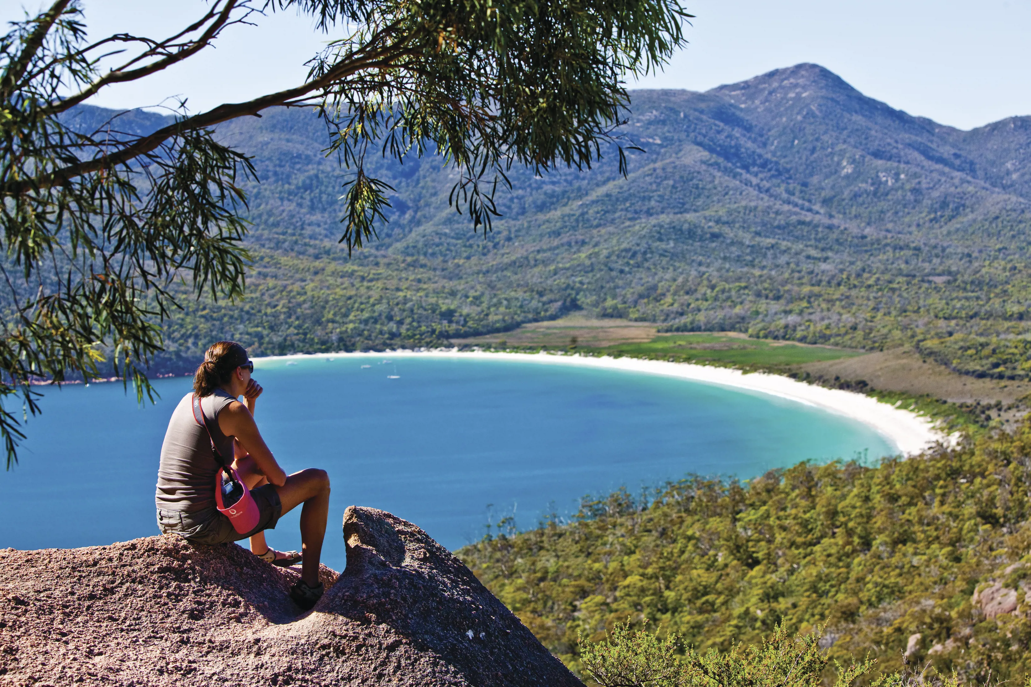 Female looking out to the beach at the top of the Wineglass Bay Walking Track. 