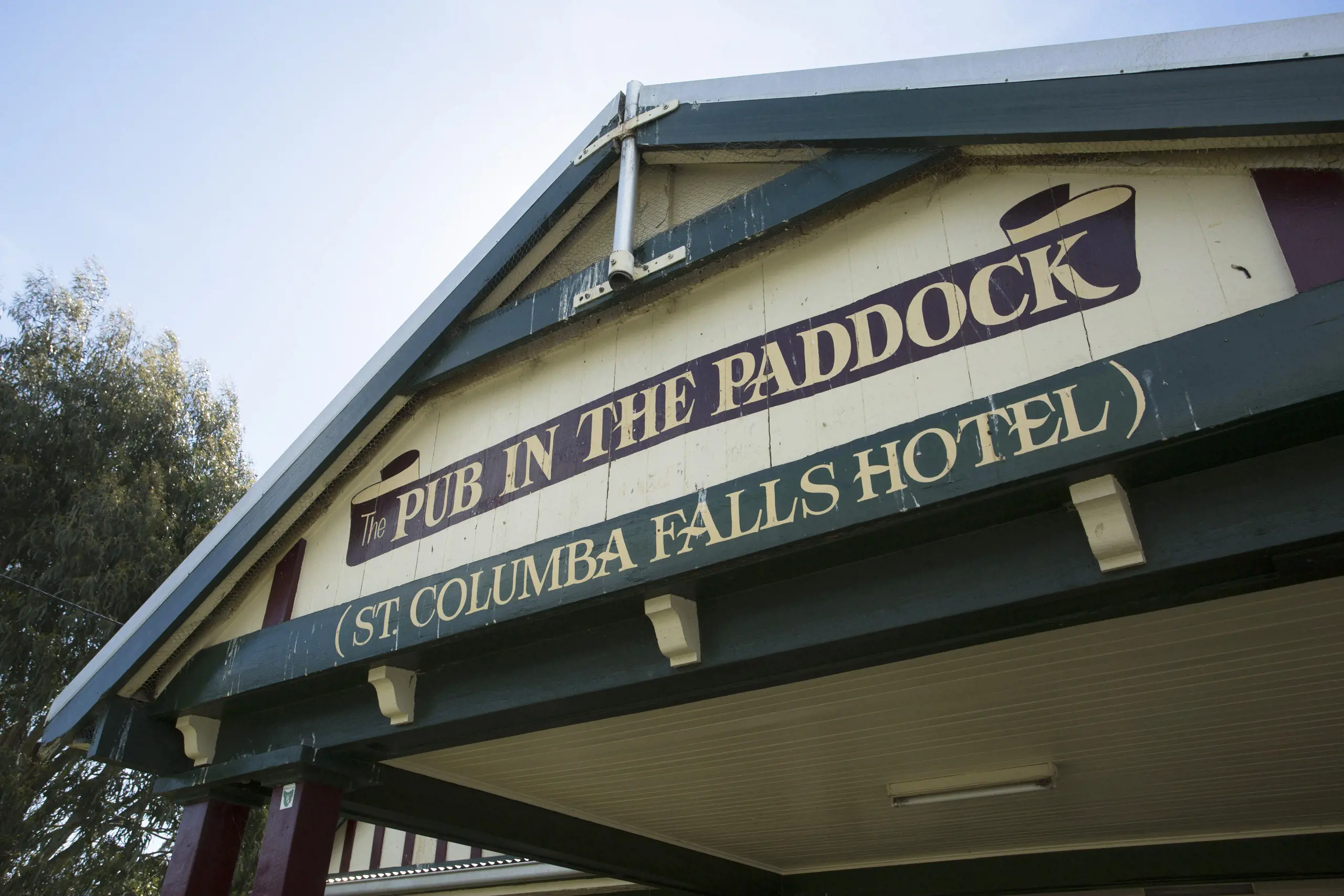 Exterior of the signage painted on wood at the front of The Pub in the Paddock.