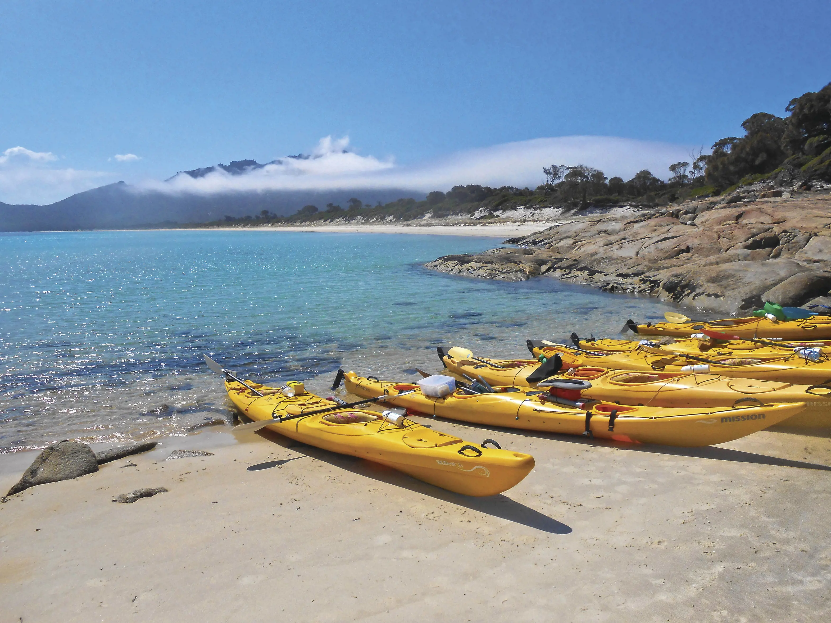 Freycinet Adventures paddleboards sitting on the sand in front of the water at Hazards Beach. 