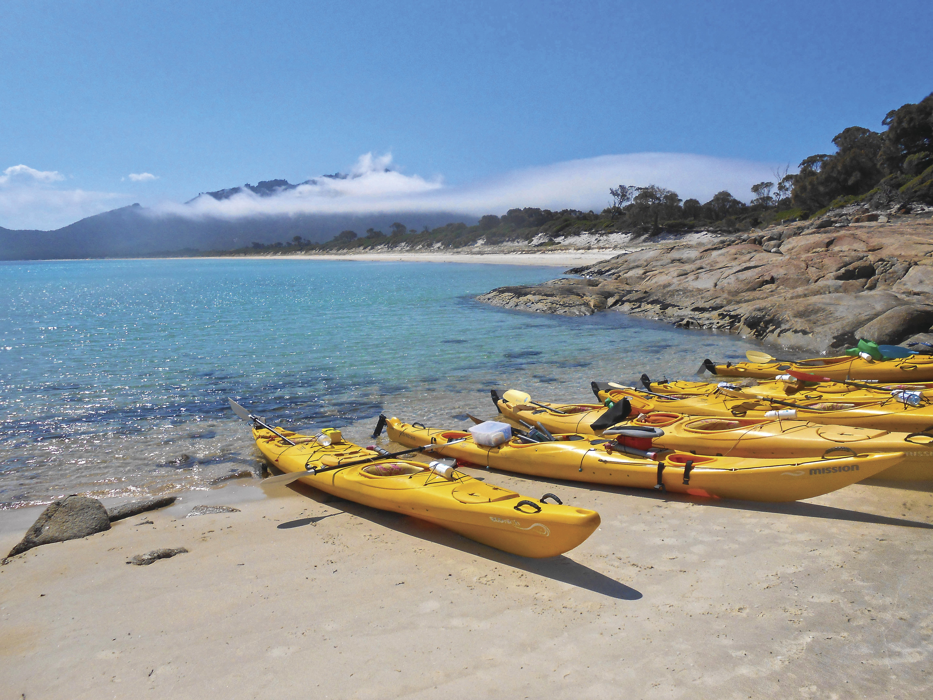 Freycinet Adventures paddleboards sitting on the sand in front of the water at Hazards Beach. 