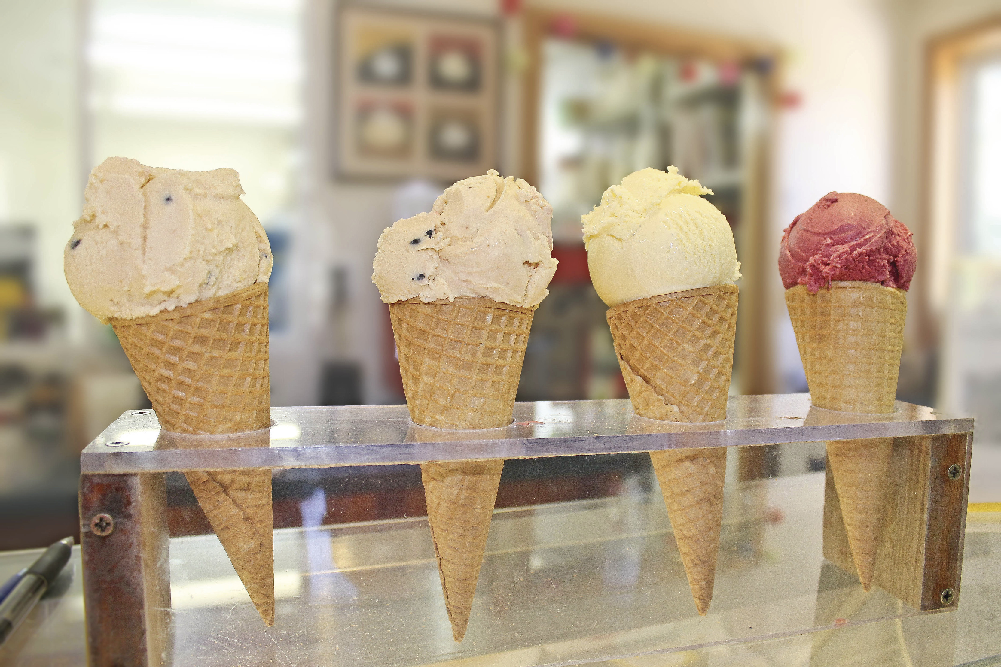 Close up of four cones of ice cream at Eureka Berry Farm.