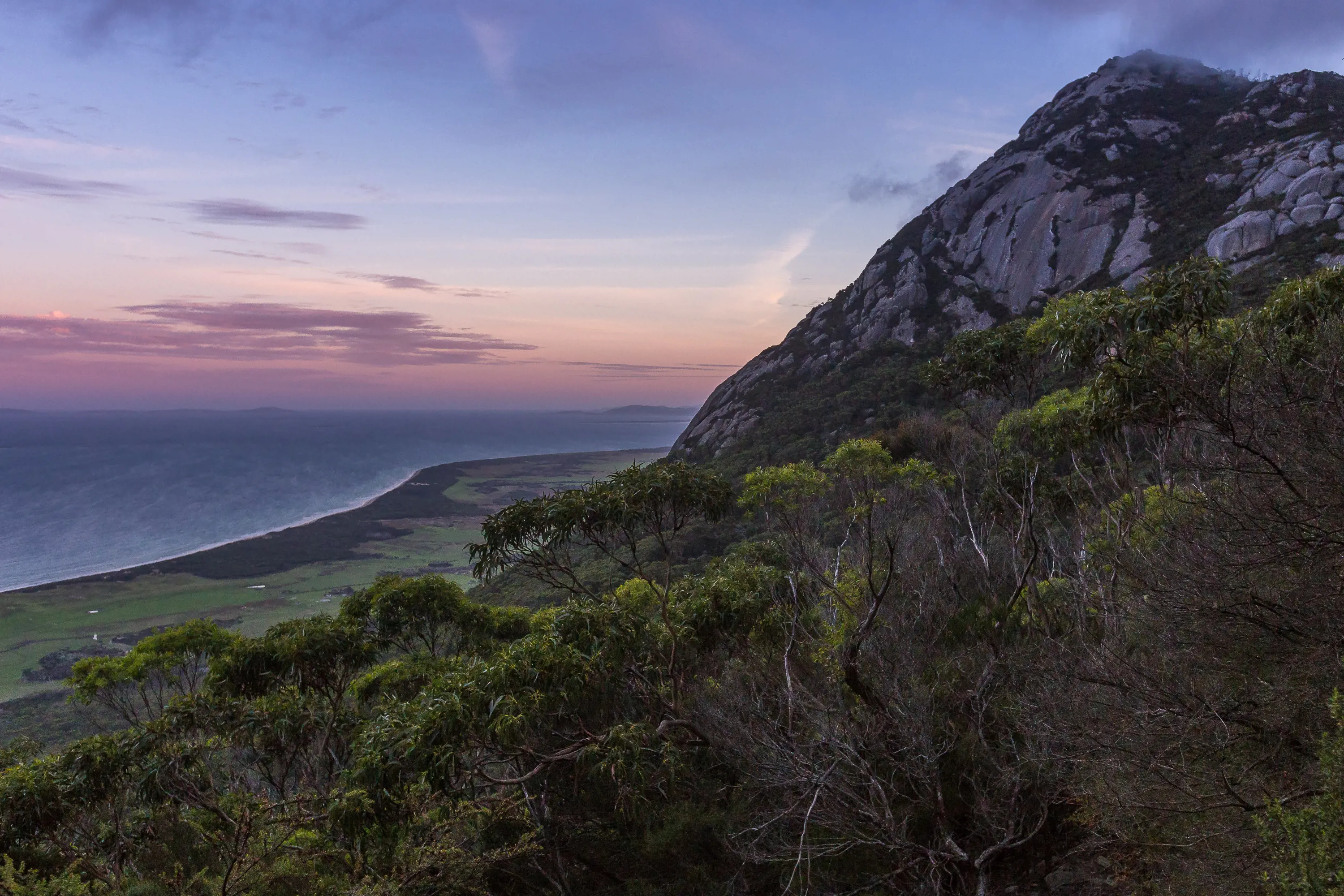 Breathtaking image of Mt Strzelecki, rising steeply from the coast. Bushland fills the foreground with the ocean in the background.