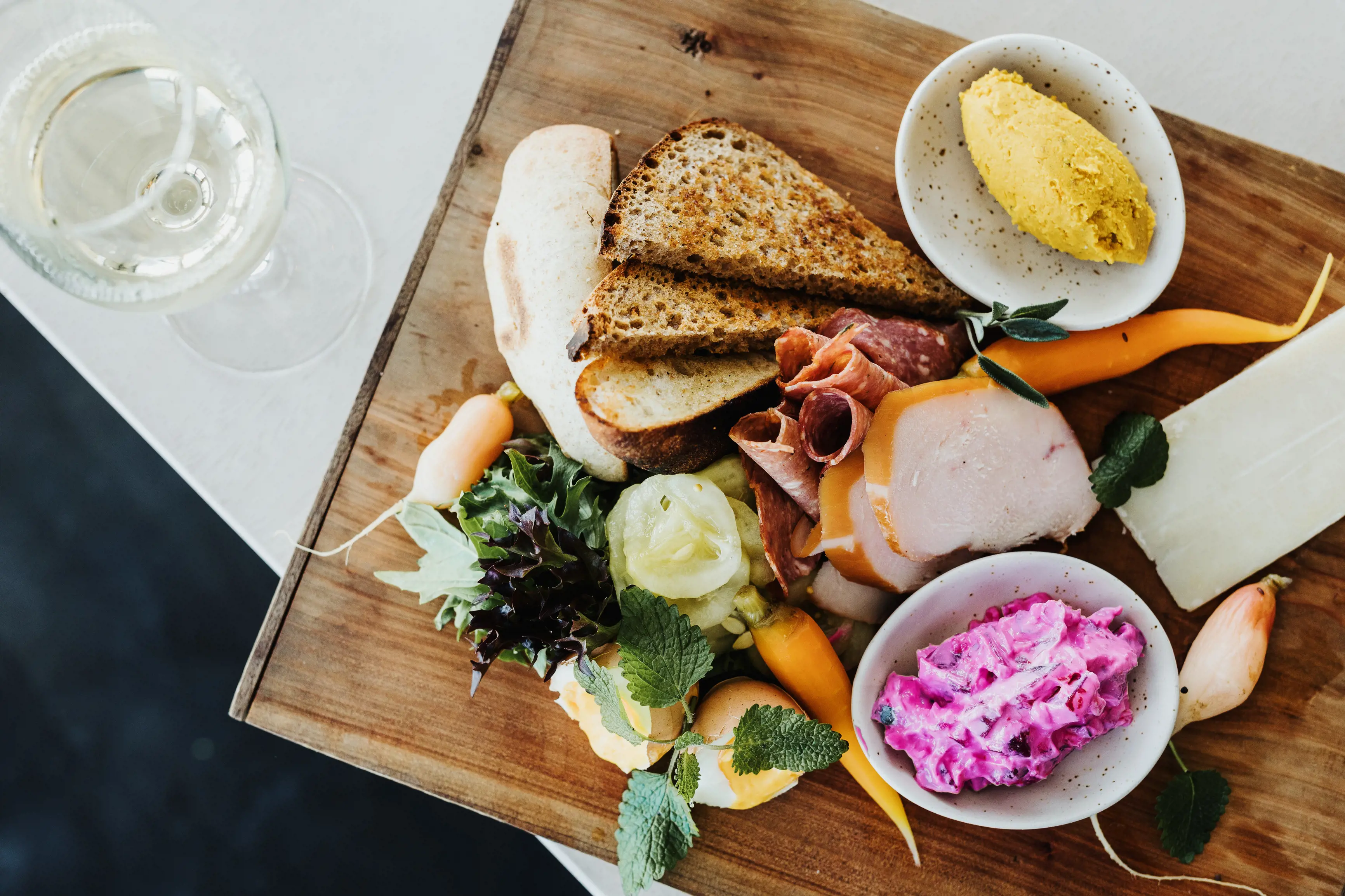 "Stunning image of a delicious food platter and wine located at The Flinders Wharf, a licensed cafe/restaurant. "