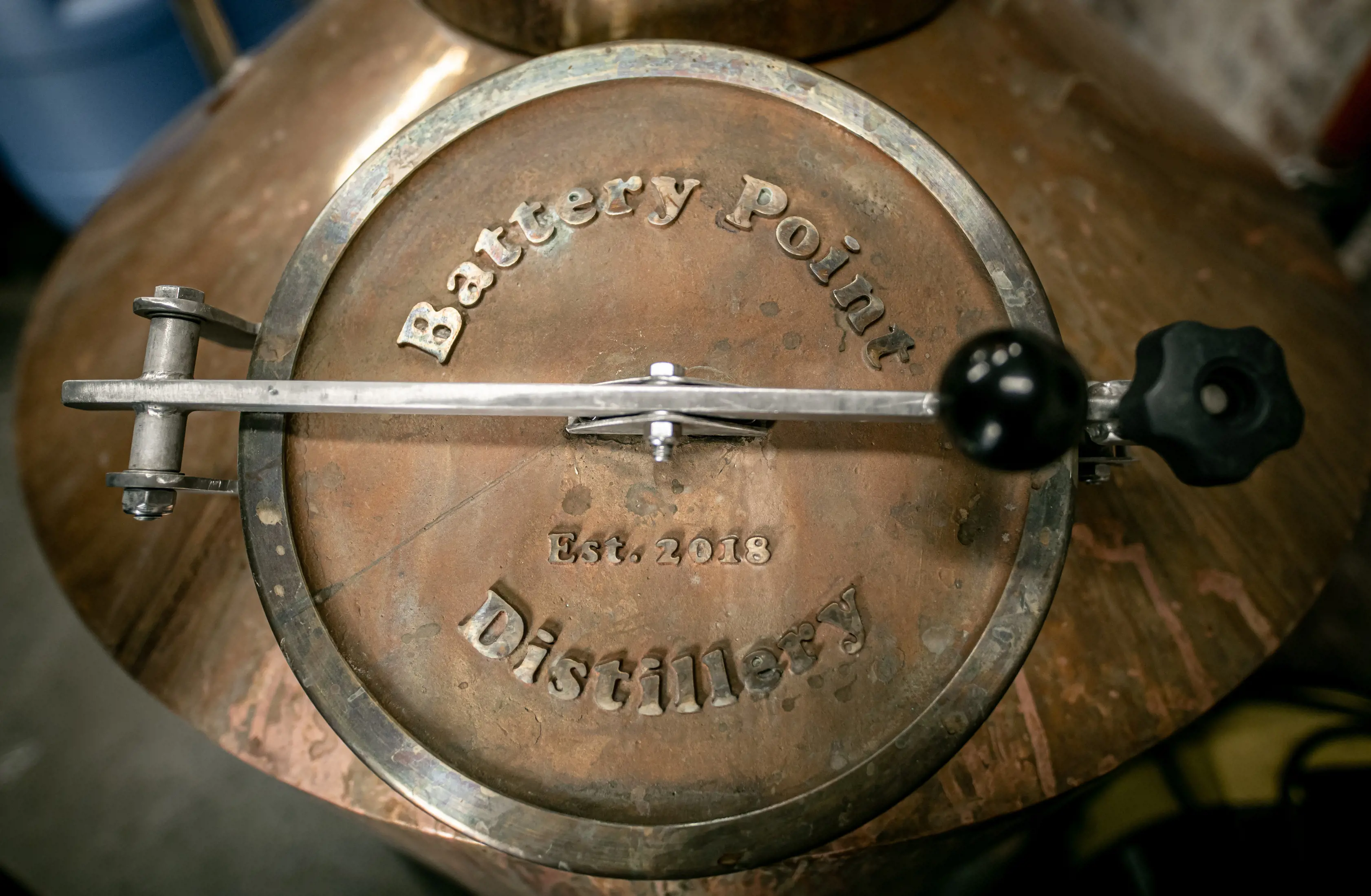 A closeup of the top of a whiskey barrel. Battery Point Distillery, Hobart.