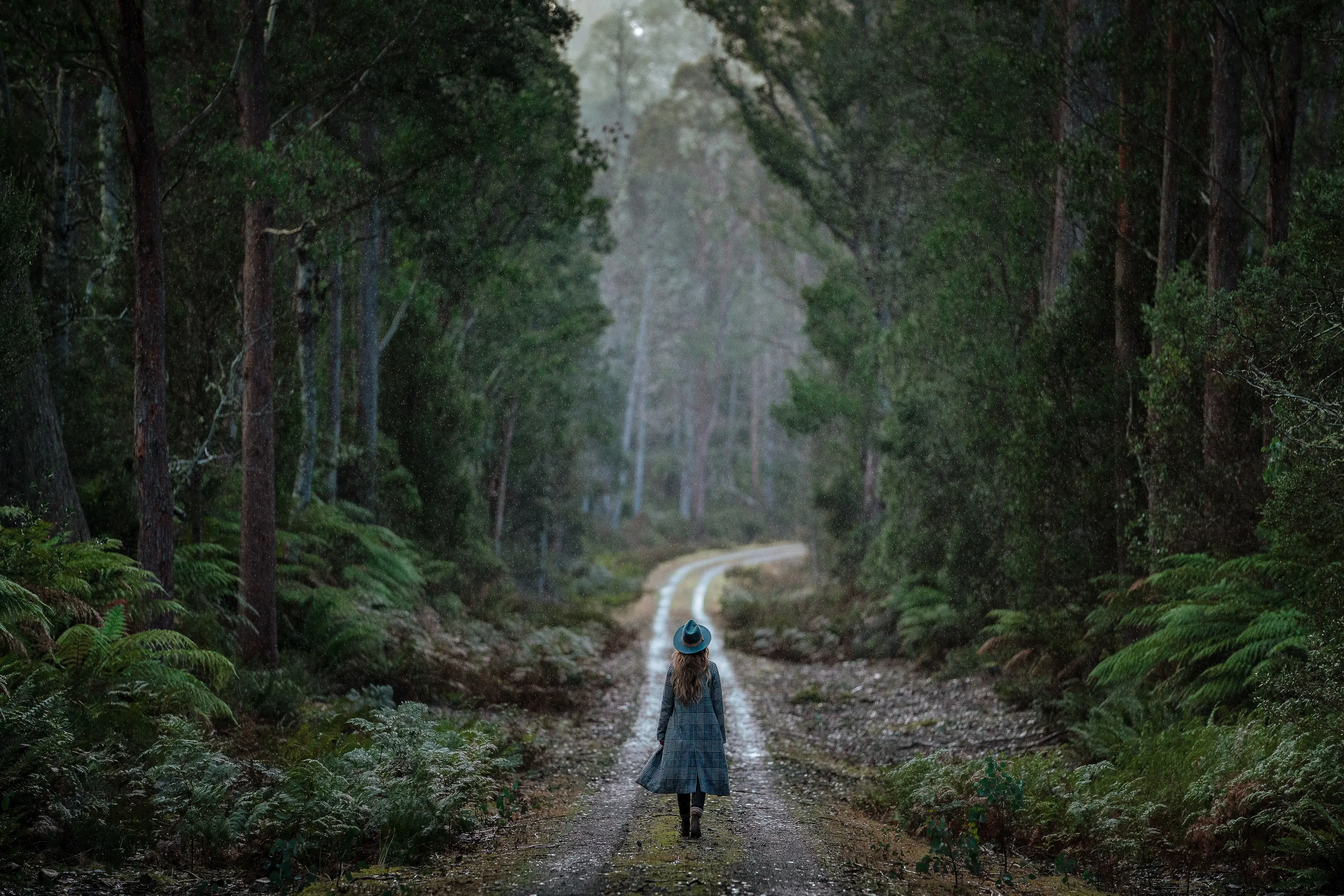 A woman in a coat and hat walks a pathway surrounded by tall trees at Lake St Clair.