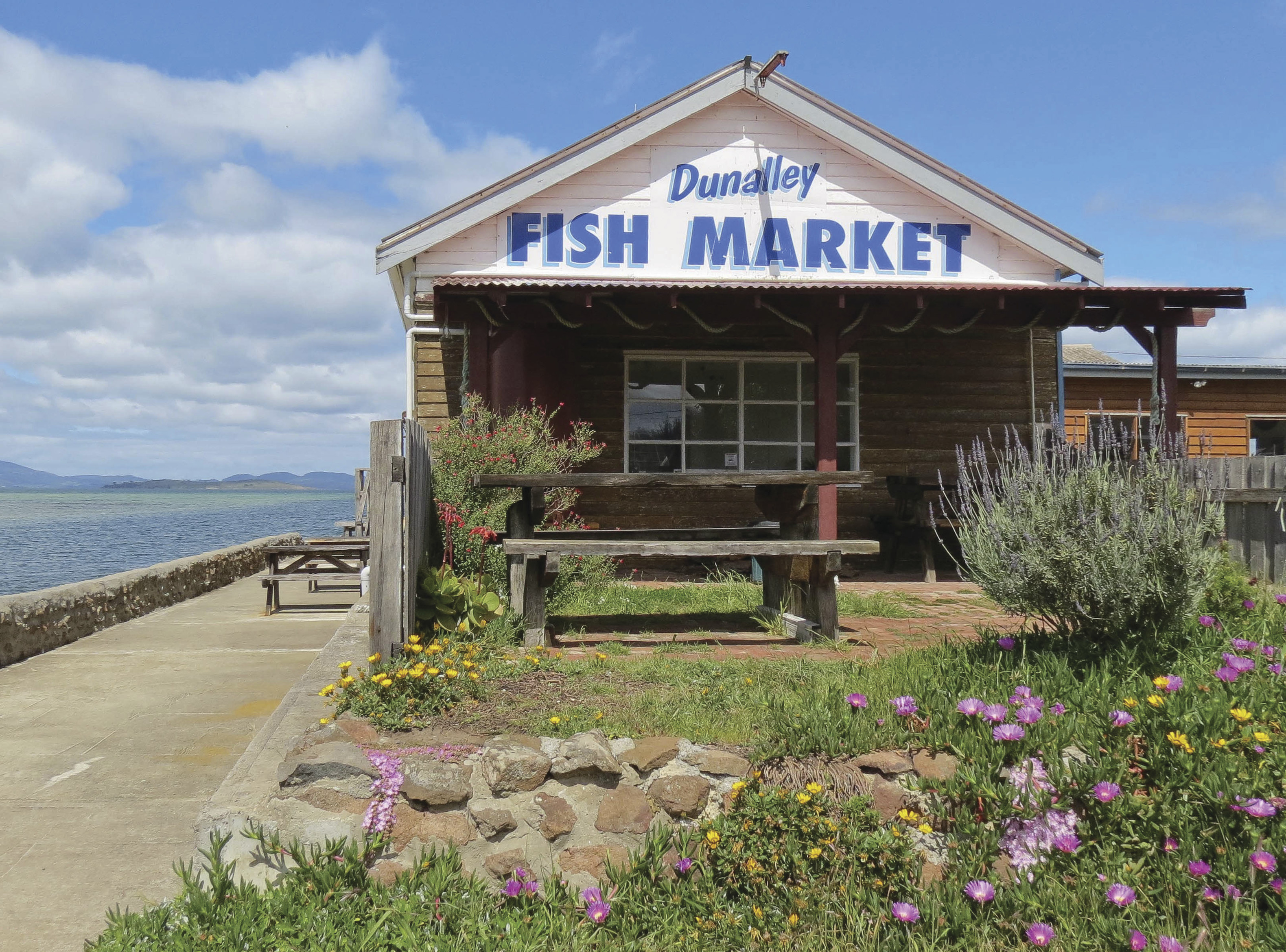 Exterior of Dunalley Fish Market, placed on the waterfront with blue signage painted in blue on the building roof. Benches to sit on outside.