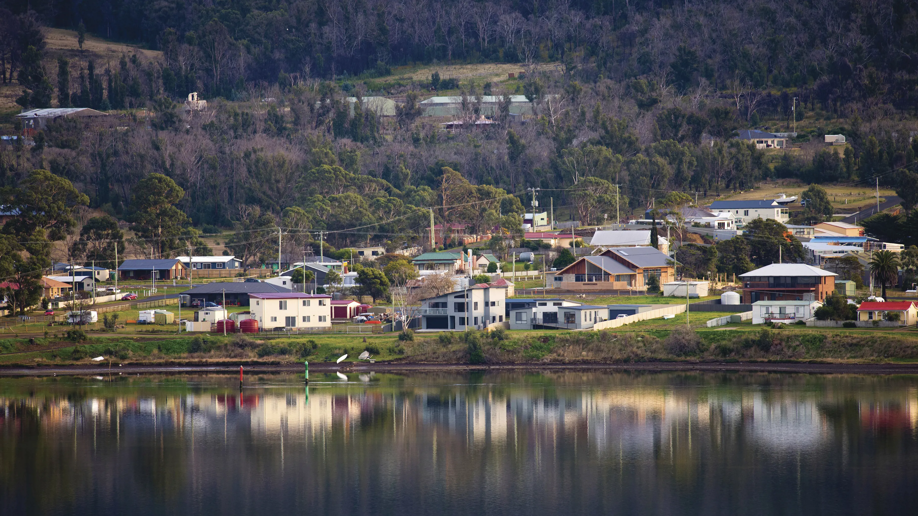 Landscape shot of Dunalley, a quiet fishing village, taken from across the bay.