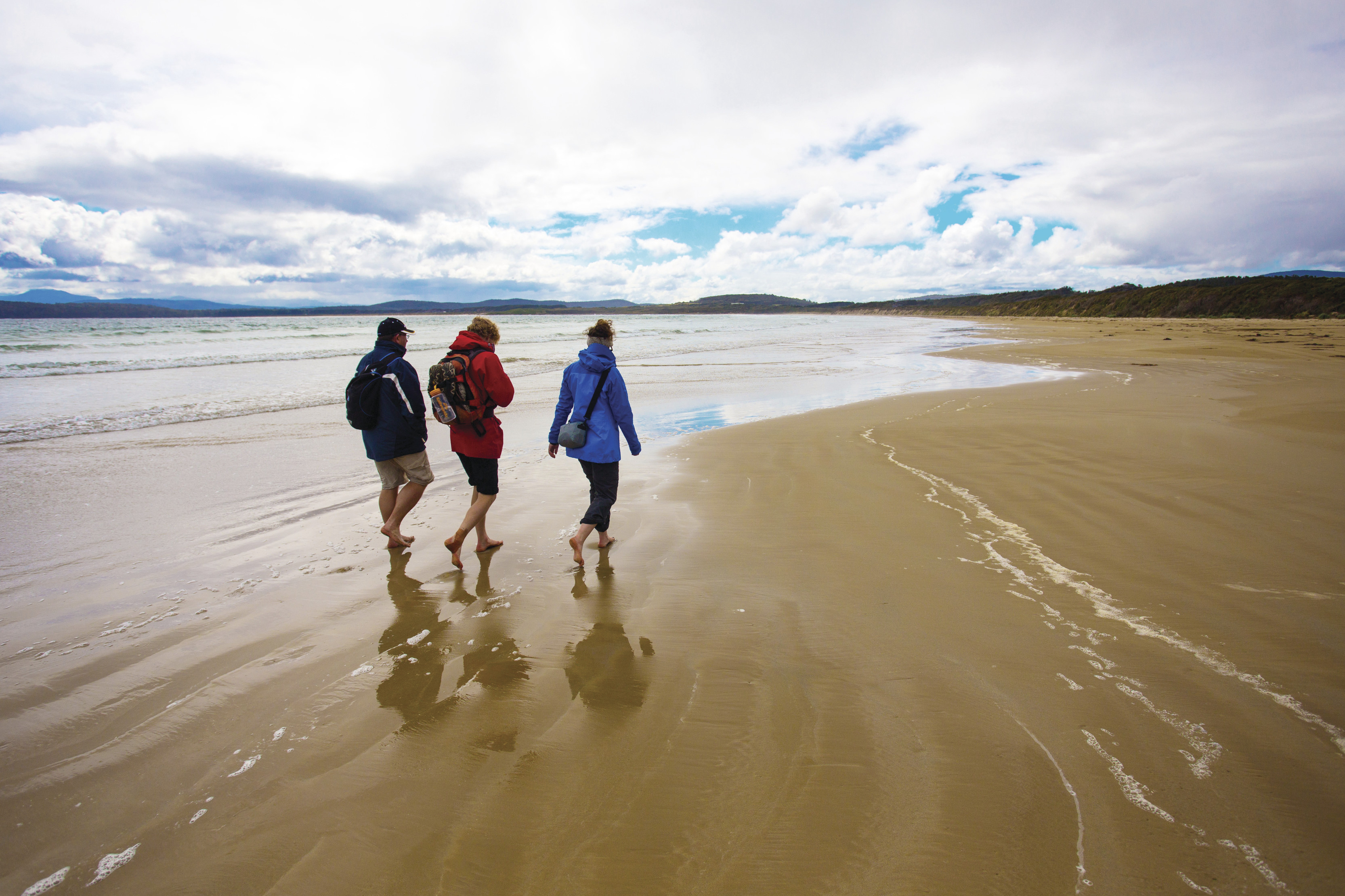 A group of friends walk bare foot in the shallow water at the beach on Bruny Island