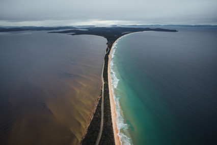 Stunning aerial image of Bruny Island Neck, An isthmus of land connecting north and south Bruny Island.