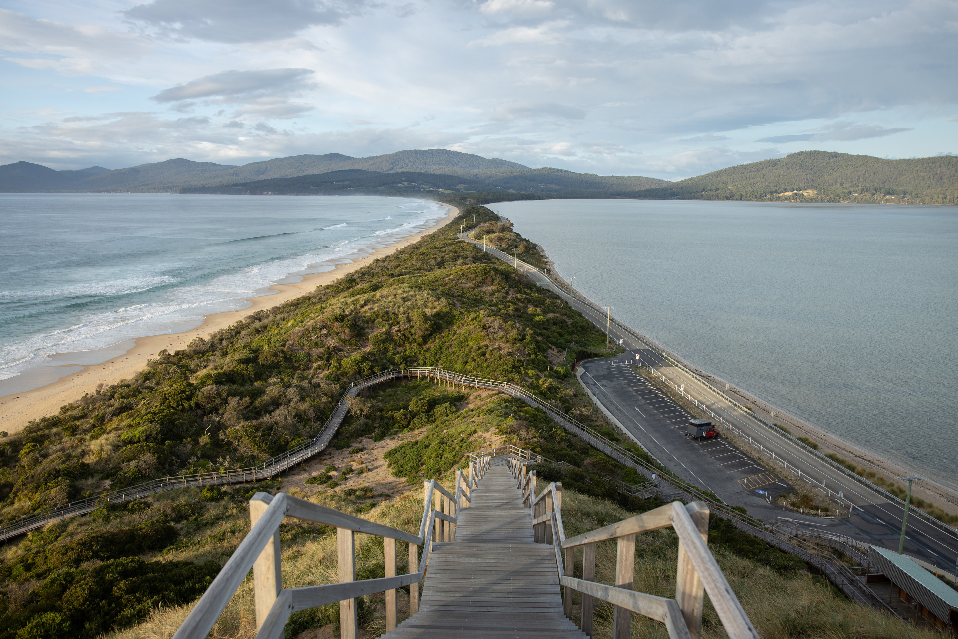 Breathtaking image of Bruny Island Neck, An isthmus of land connecting north and south Bruny Island. Taken from the top of a path.