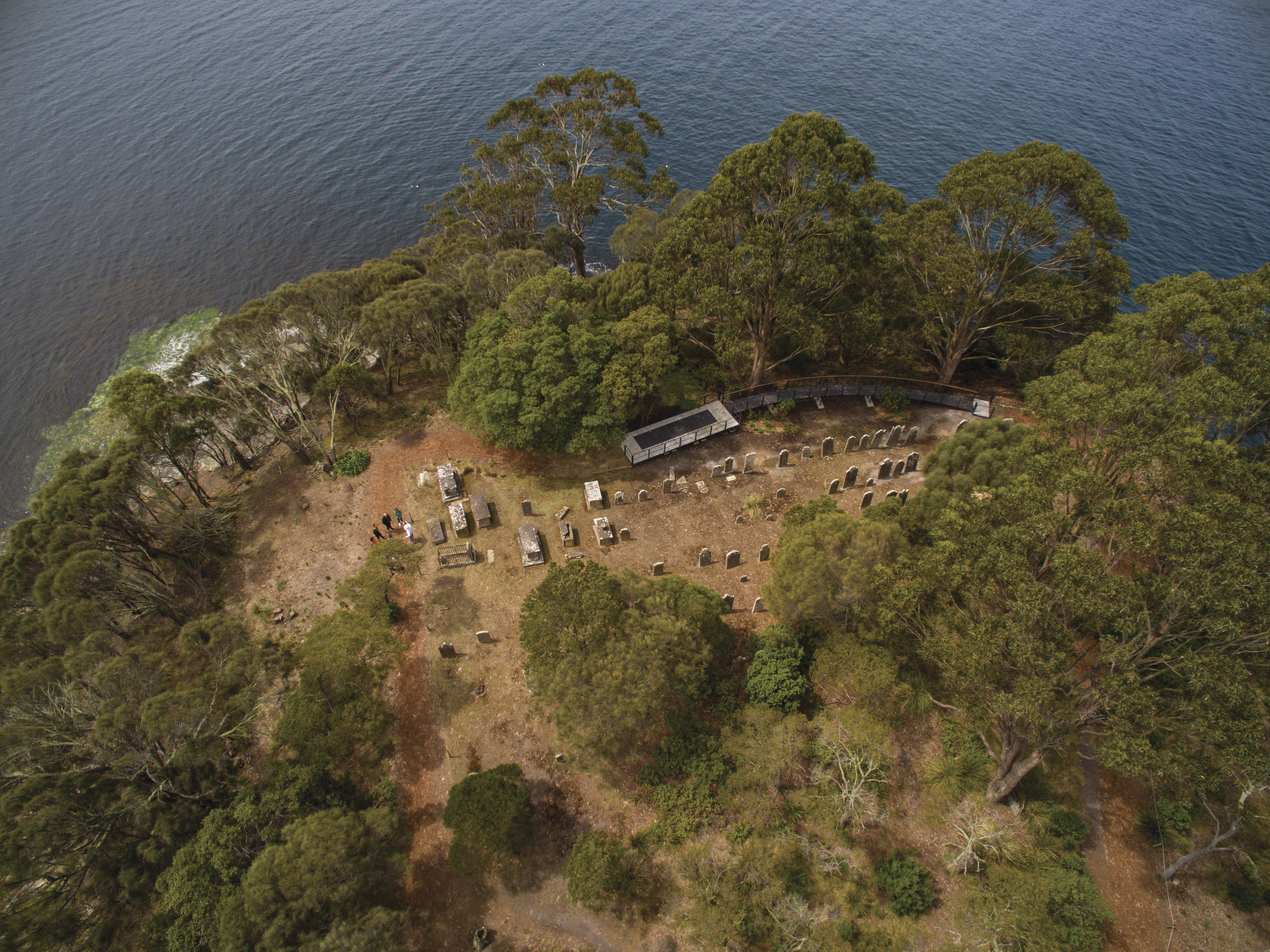 Incredible aerial image of the graveyard, near the ocean, Port Arthur Historic Site. 