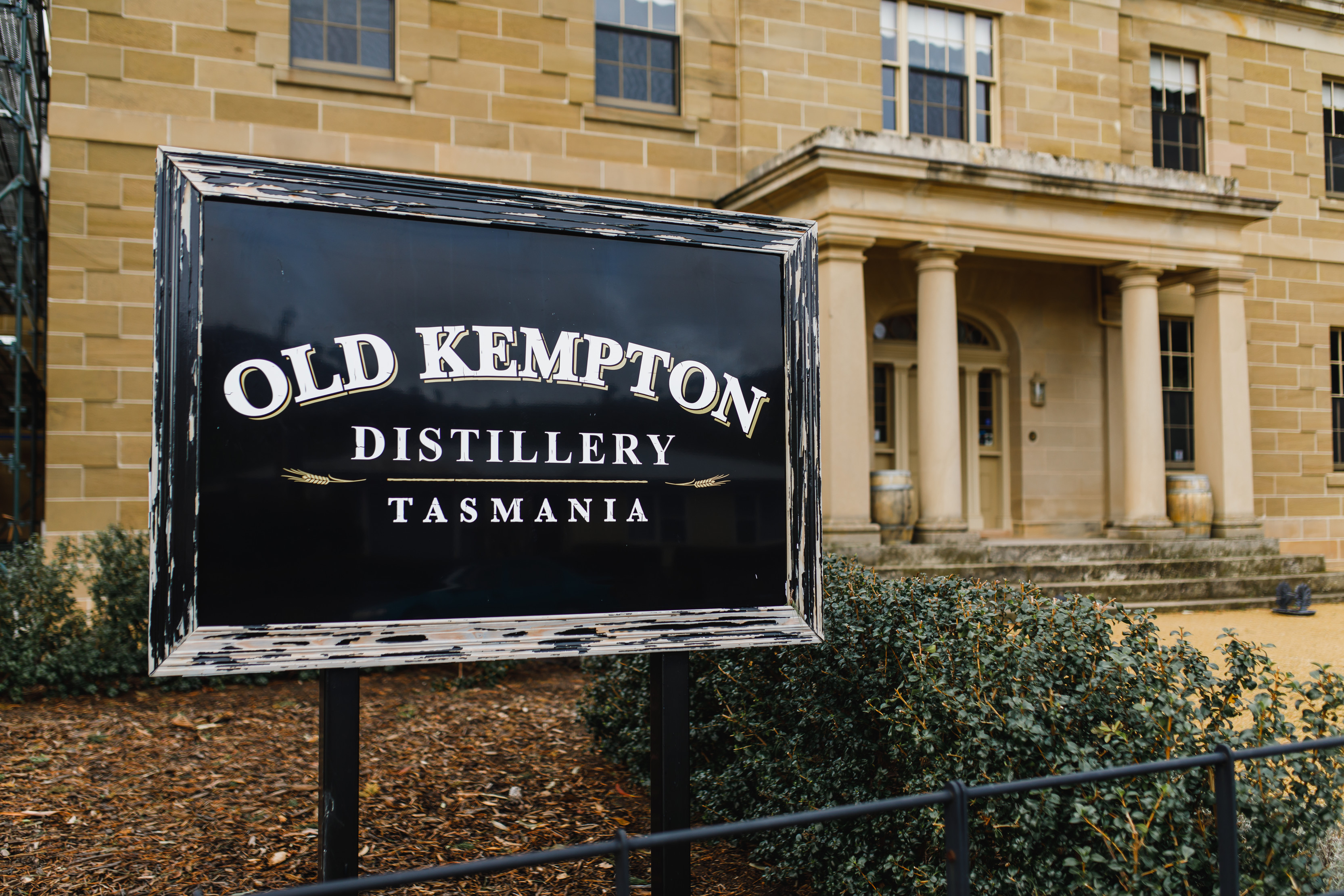Old Kempton Distillery Tasmania signage at the front of the distillery.
