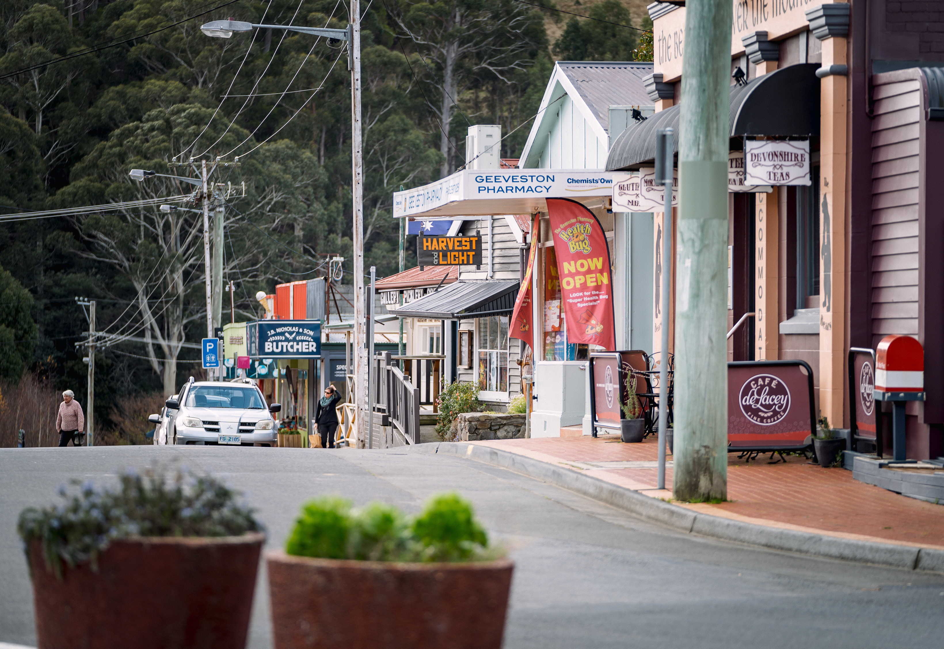 Looking down the main street in Geeveston, a small township in the lower reaches of the Huon Valley.