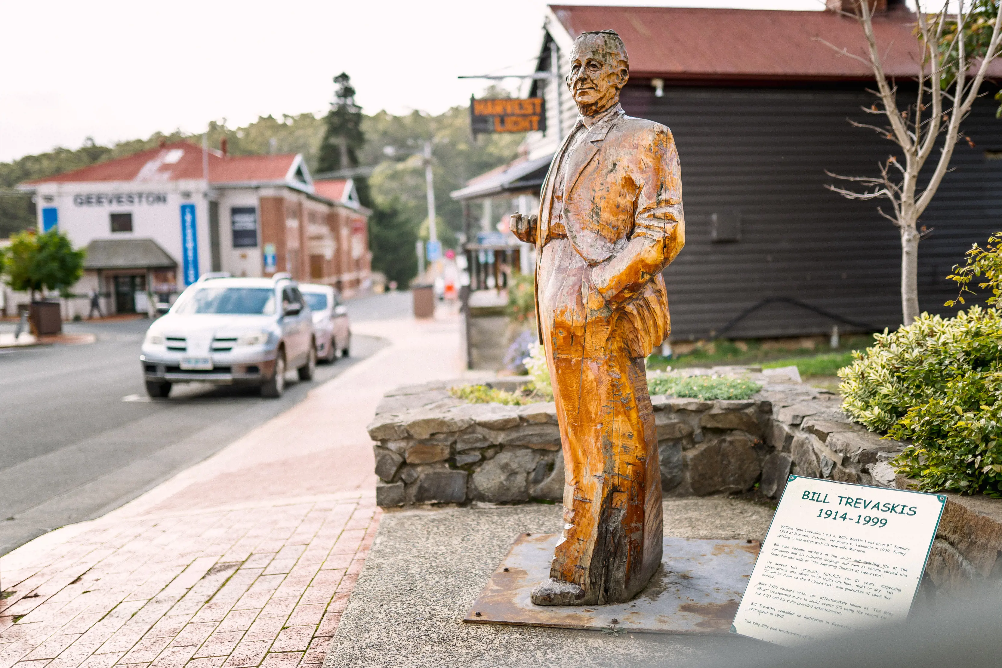 Hand-carved timber sculpture of a famous local on Geeveston main street.