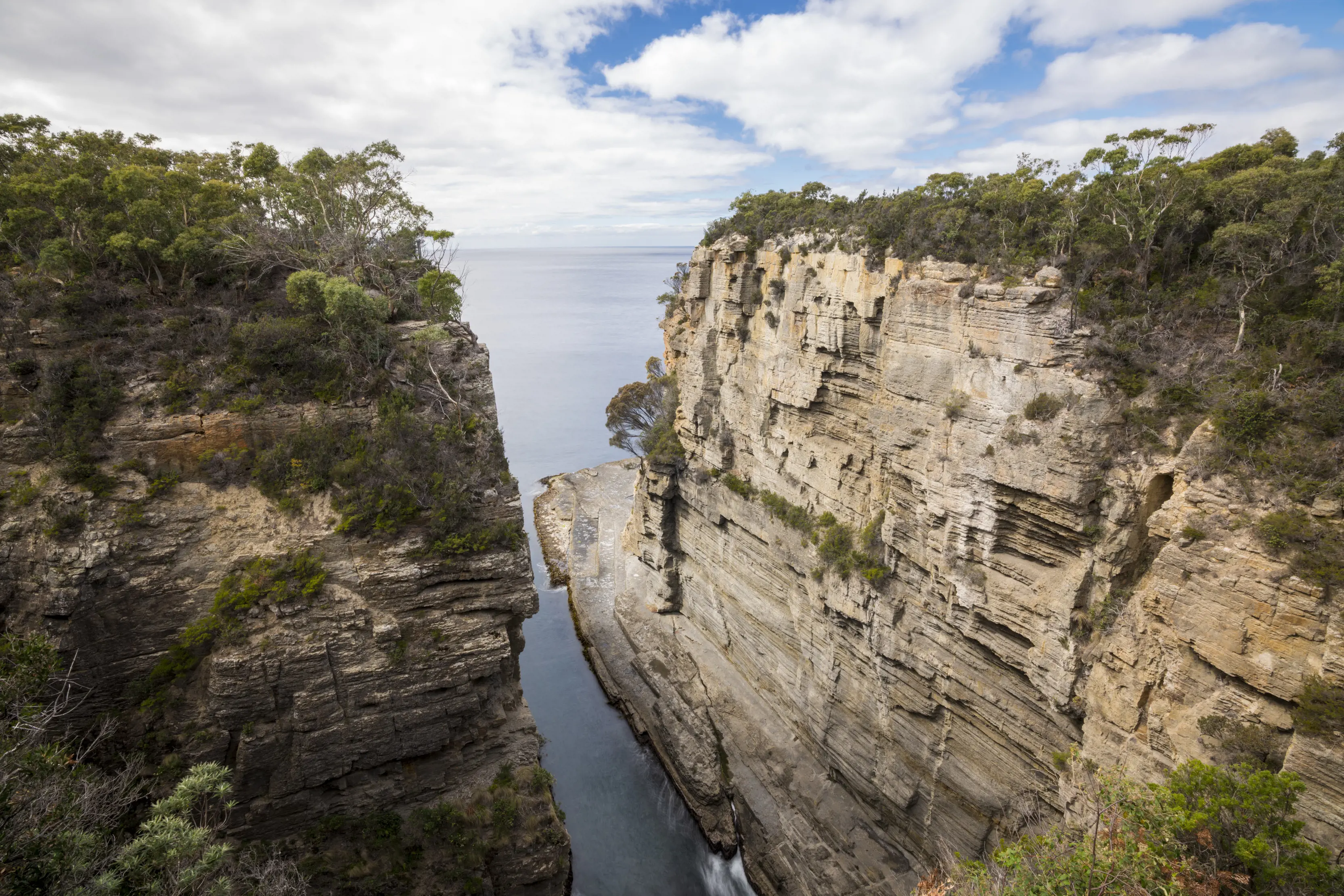 Devils Kitchen, coastline where the swells of the Great Southern Ocean crash into the base of the tall cliffs in Tasman National Park.